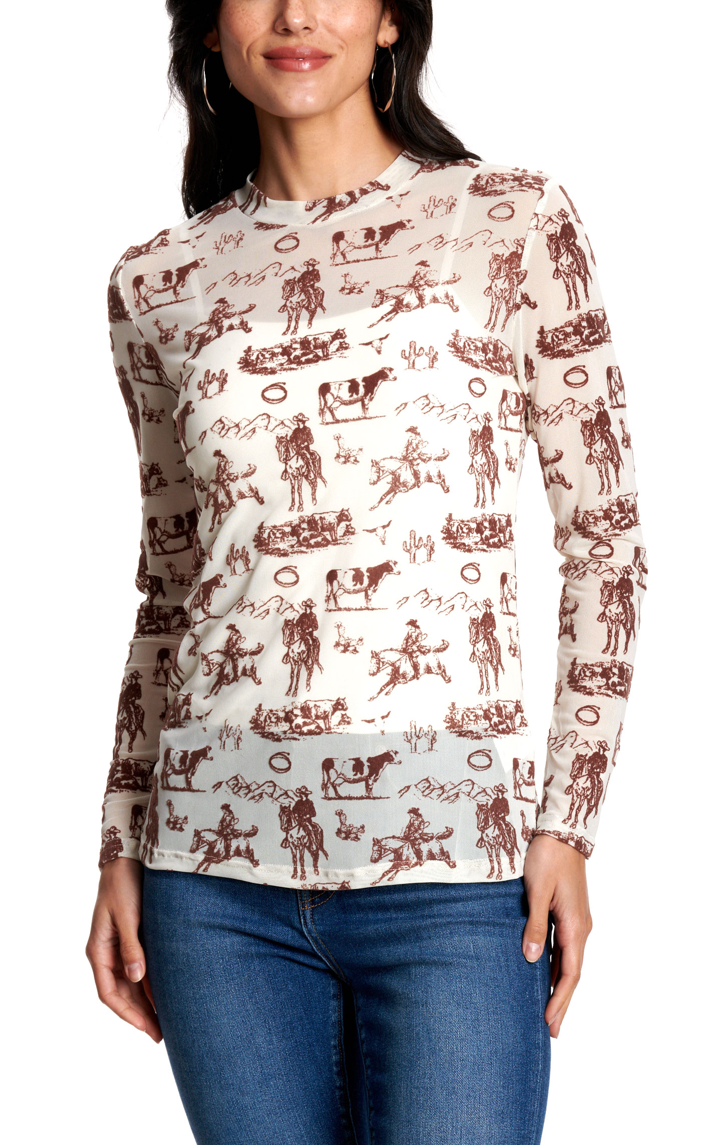 Merigold Kiss Women’s Cream Wild & Western Print Mesh Shirt - Image 3