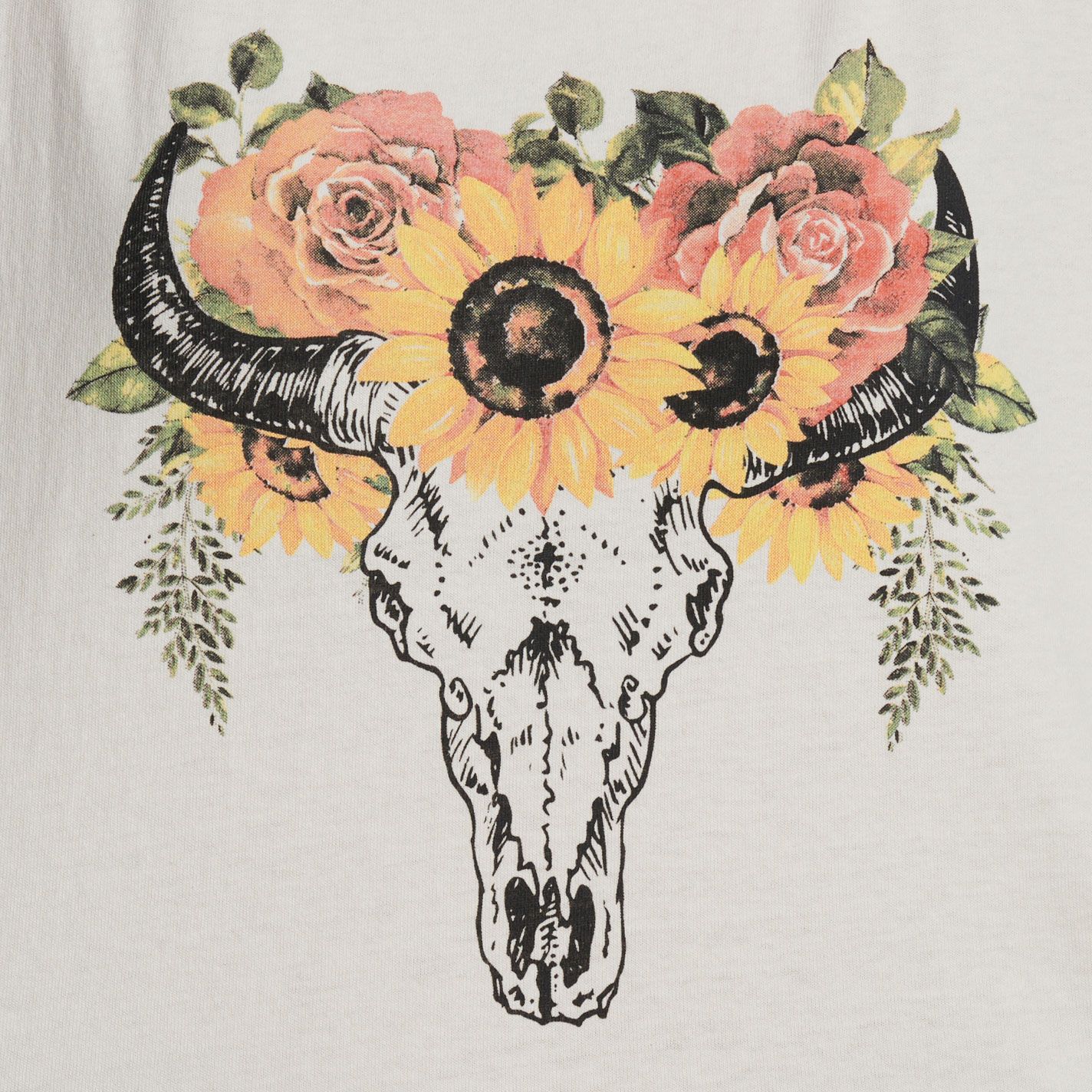 Rockin C Women’s Ivory Bull Skull Floral Graphic T-Shirt - Image 1