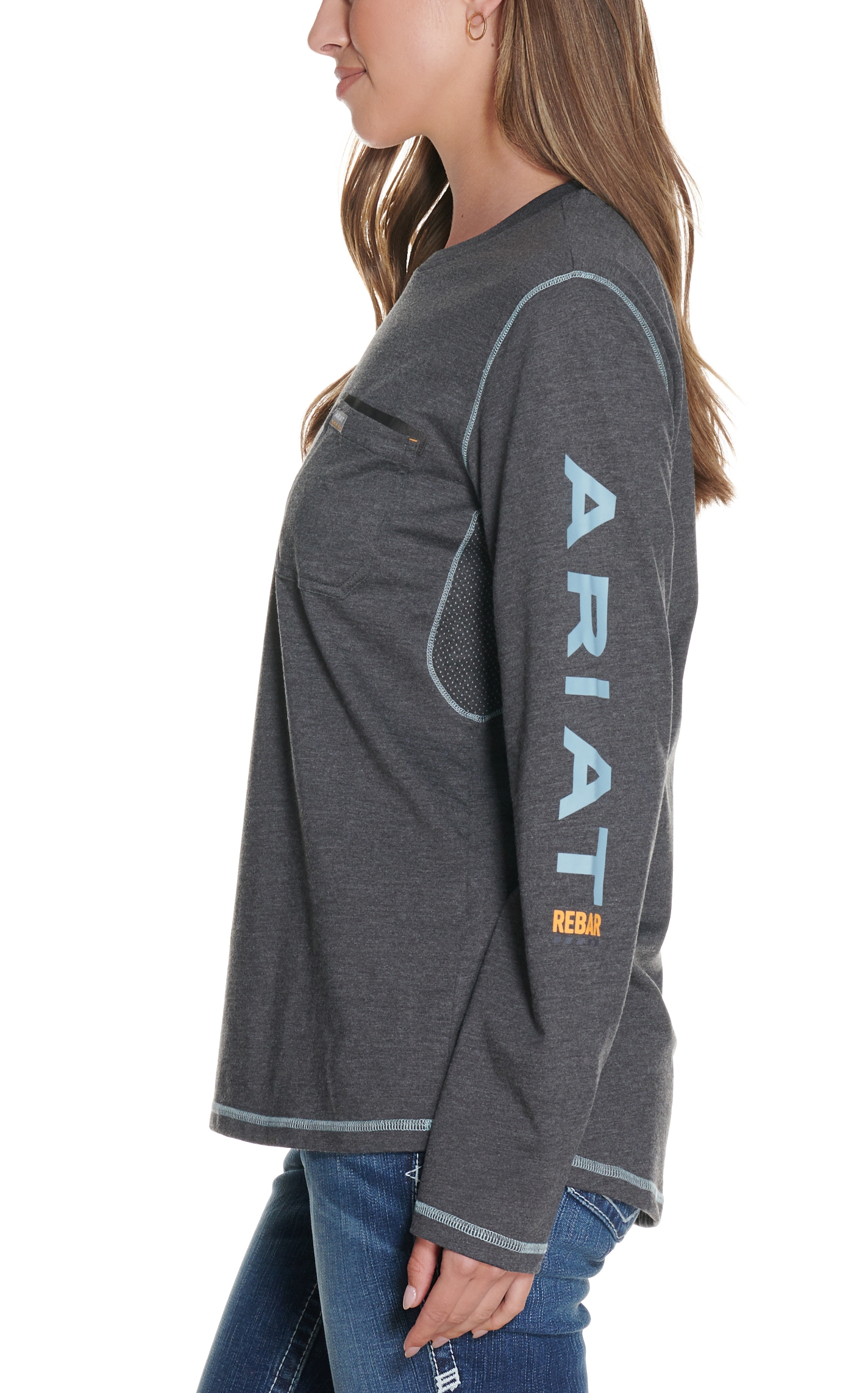 Ariat Women's Rebar Charcoal with Blue Logo Long Sleeve Work T-Shirt - Image 1