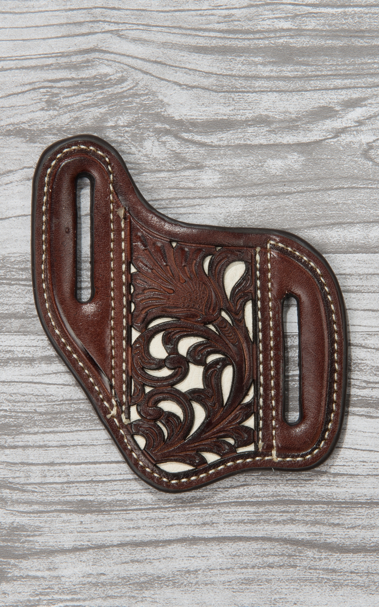 Nocona Dark Brown Leather with Floral Tooling and White Inlay Knife Sheath - Image 1