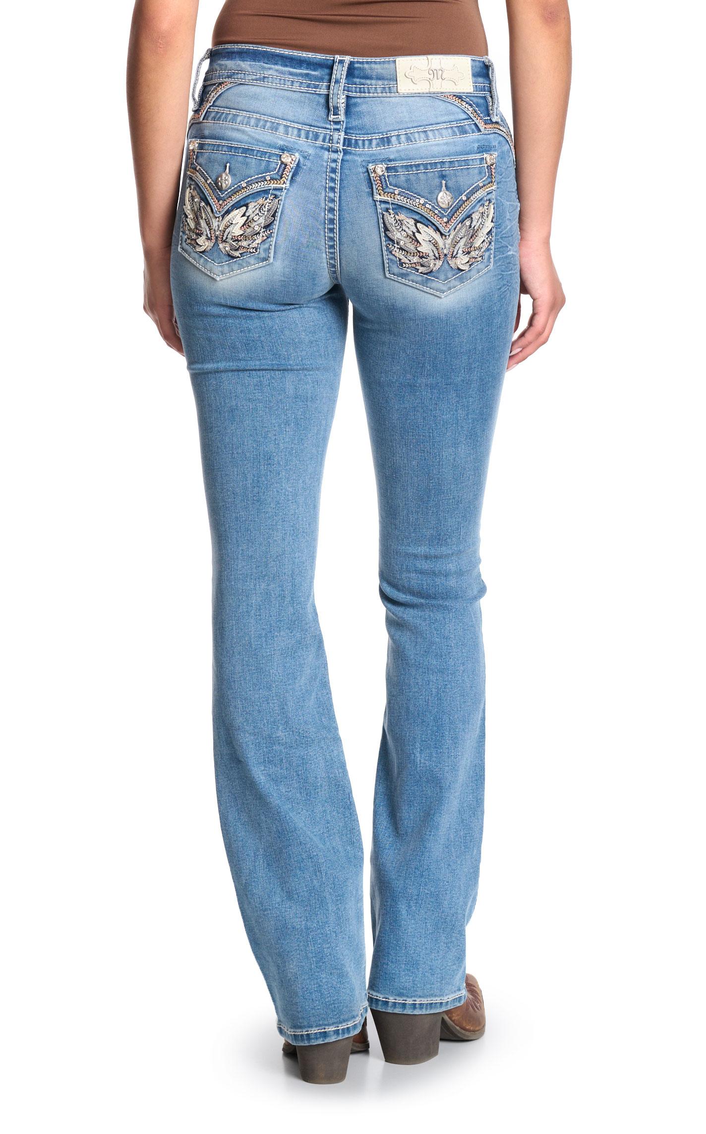 Miss Me Women's Light Wash Wing Flap Boot Cut 34\