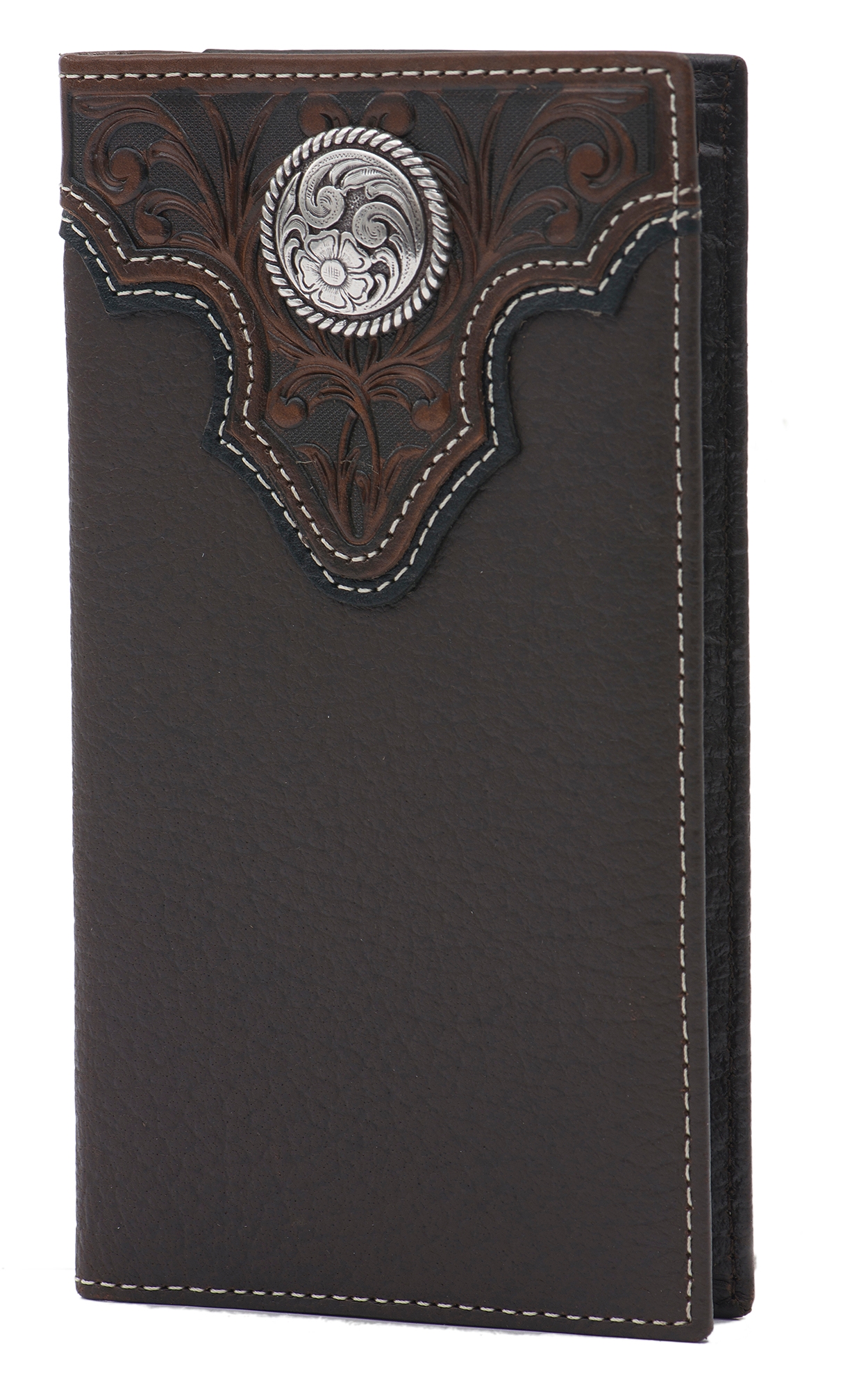 Ariat Chocolate Brown with Tooled Overlay and Circle Concho Leather Rodeo Wallet / Checkbook Cover - Image 1