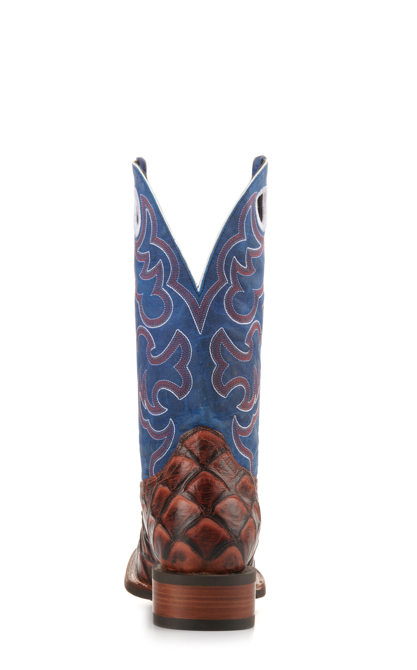 Cavender's Men's Intrepid Rust Pirarucu Print and Blue Wide Square Toe Cowboy Boots - Image 1