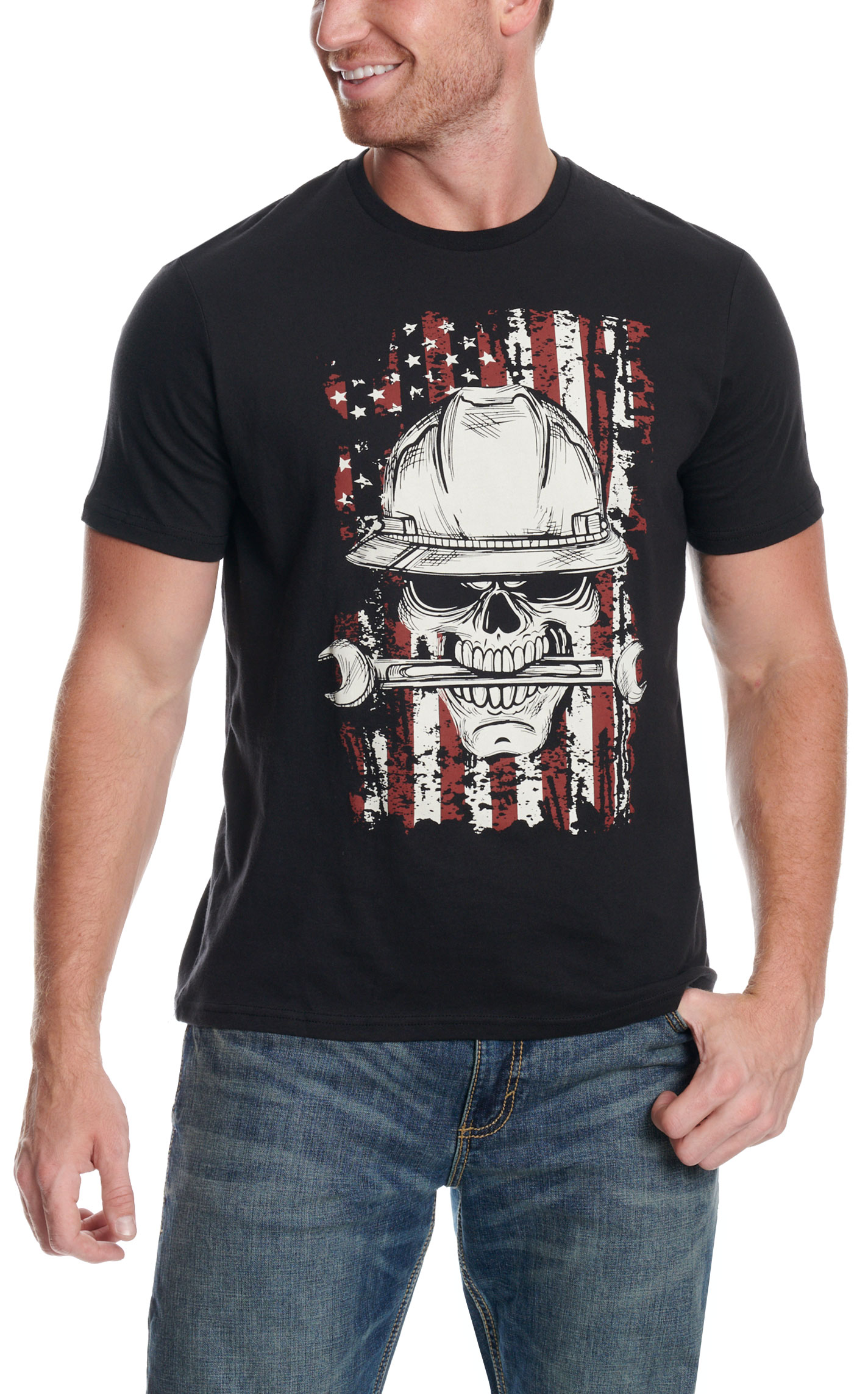 Wrangler Men's Black Skull American Flag Graphic T-Shirt - Image 1