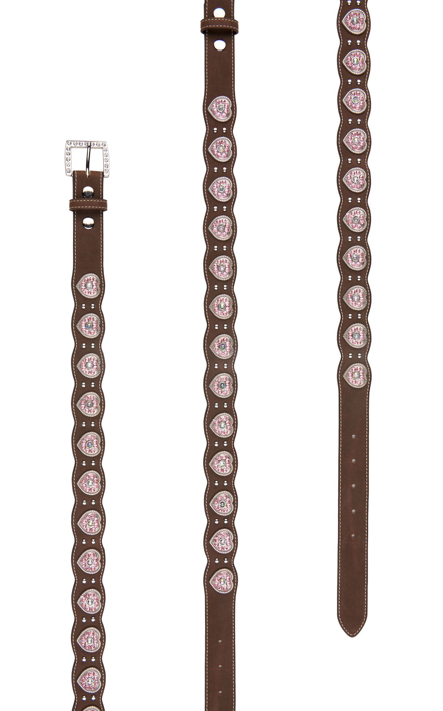 Nocona Girls' Brown with Pink Crystal Heart Conchos Scalloped Western Belt - Image 1