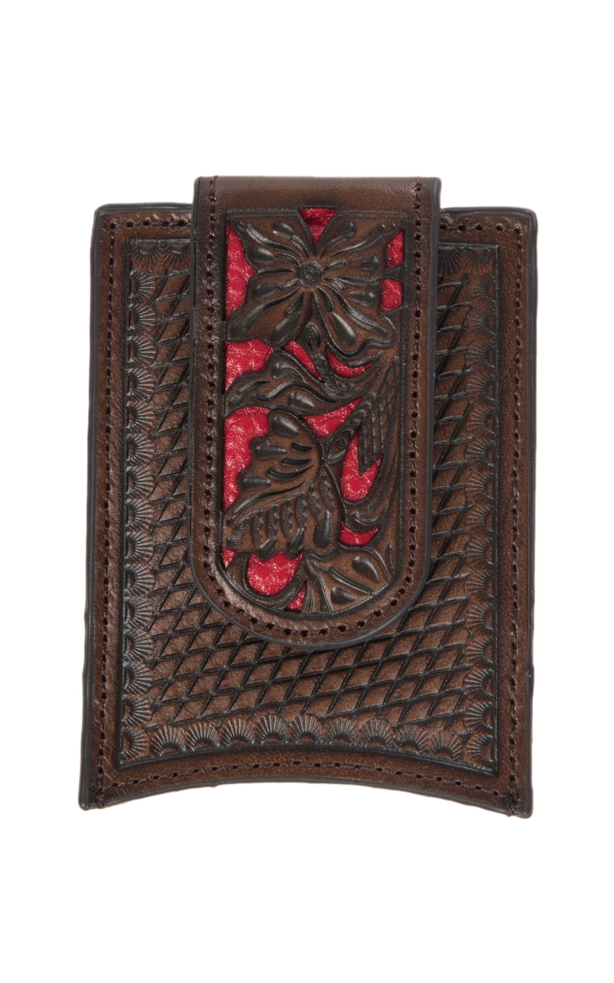 Nocona Brown with Red Floral Overlay Money Clip - Image 1