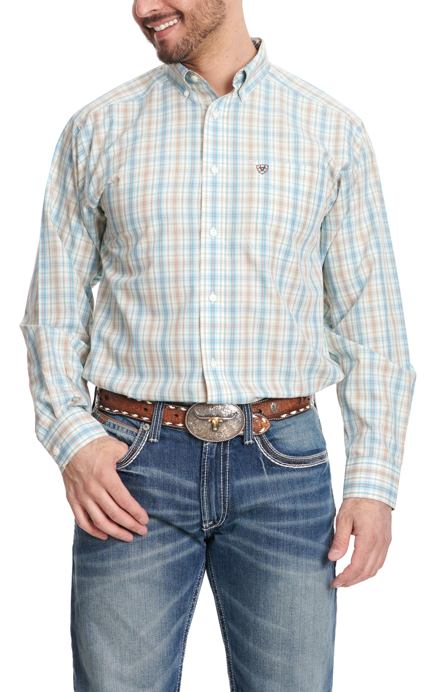 Ariat Men's Ivar Cream Blue & Yellow Plaid Long Sleeve Western Shirt - Image 1