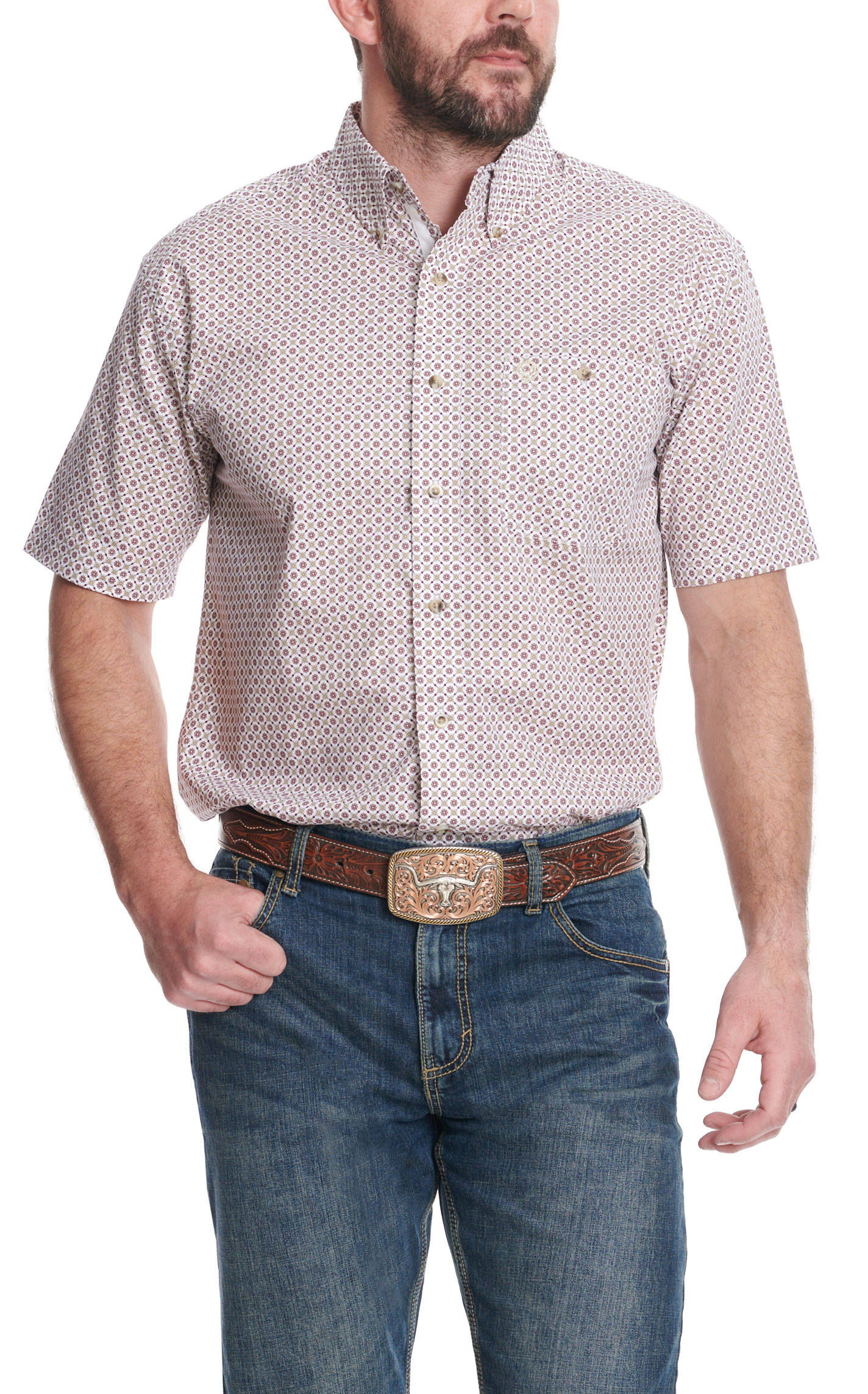 Wrangler Men's George Strait Collection Wine & Olive Geo Western Shirt - Image 1