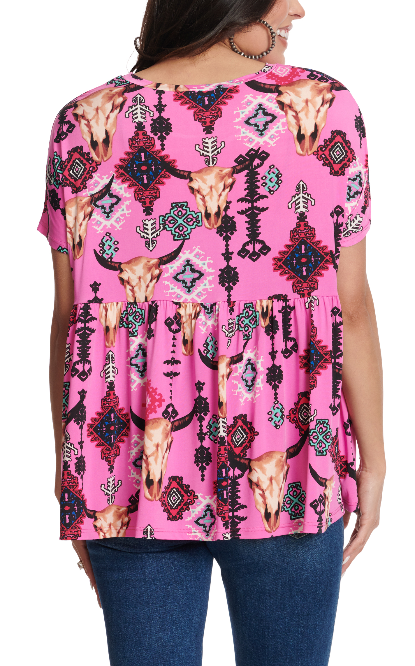 R. Rouge Women's Dark Pink Aztec & Skull Print Short Sleeve Baby Doll Top - Image 1