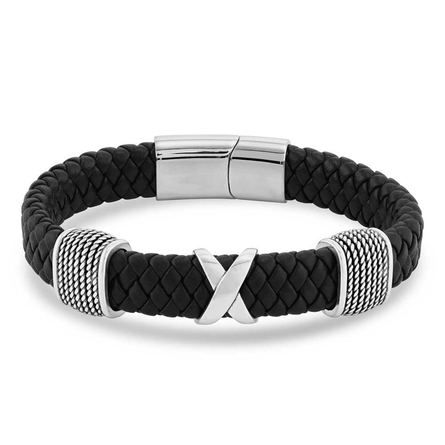 Montana Silversmiths Men's Black Leather Strength Multiplied Magnetic Clasp Bracelet - Image 1