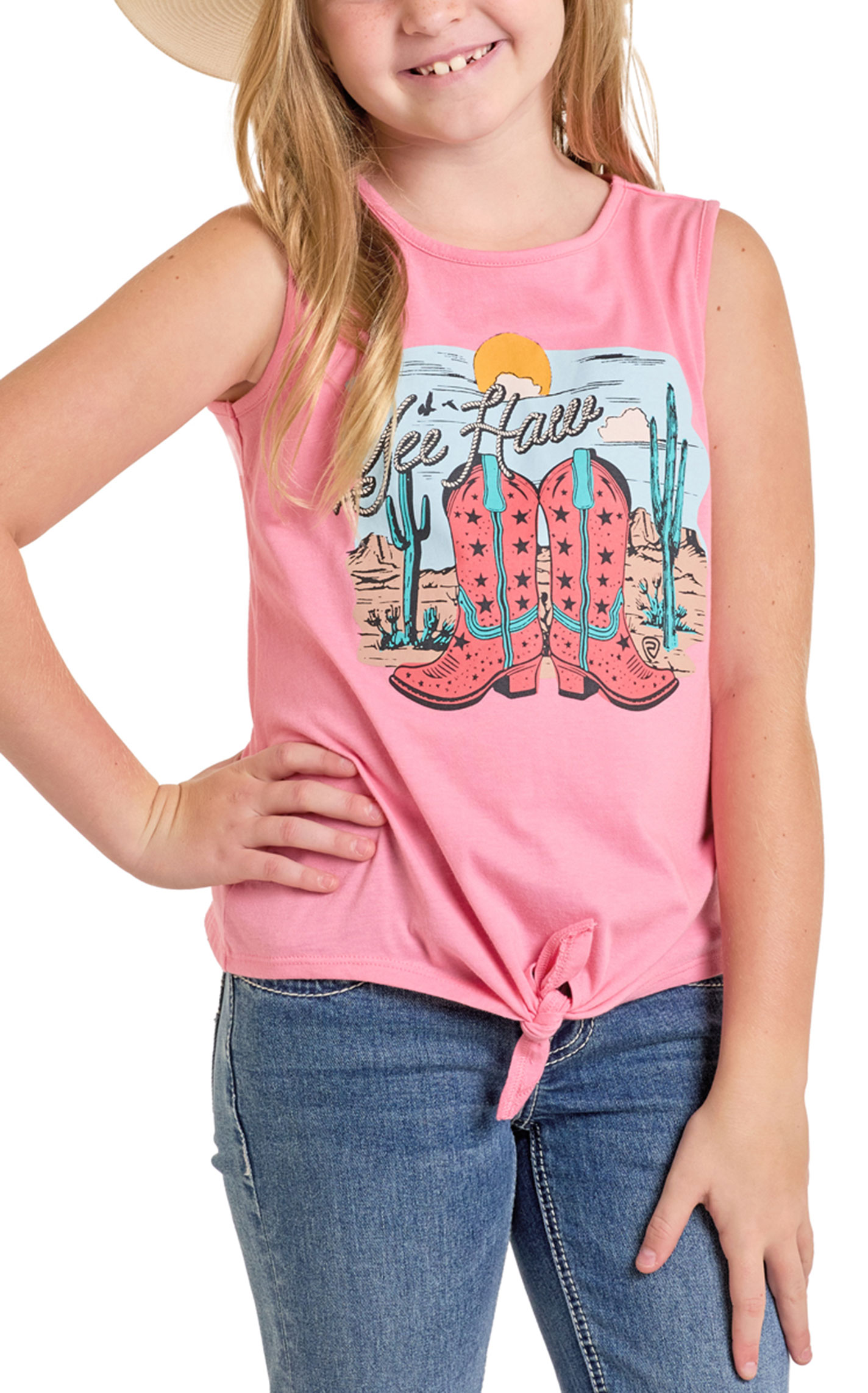 Rock & Roll Denim Girl's Pink Yee Haw Graphic Tank Top - Image 1