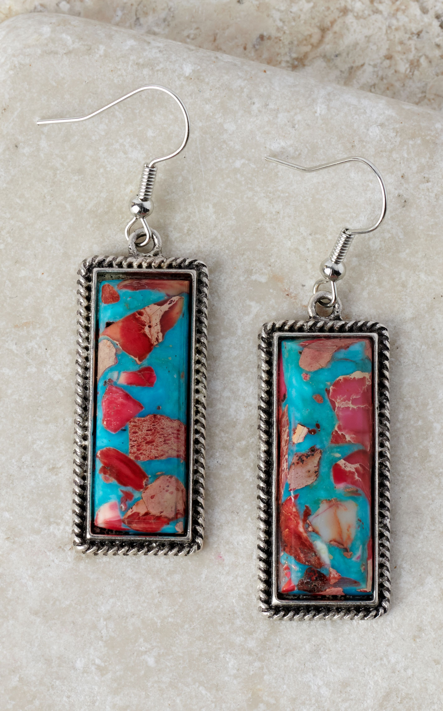 Rockin’ C Turquoise & Roses Antiqued Silver Rope Long Rectangle Earrings - Image 1