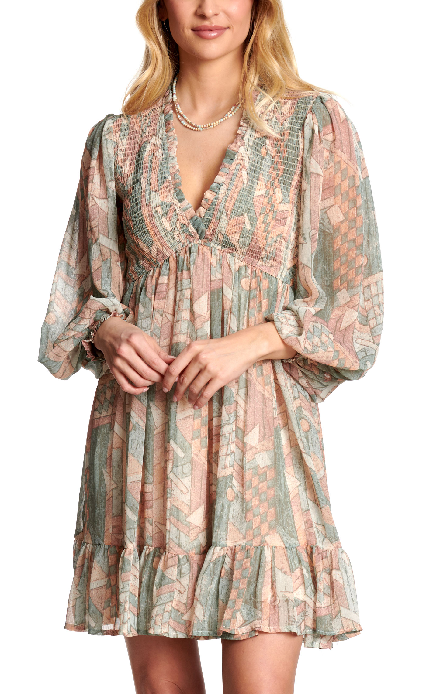 Blue B Women's Pink And Green Geo Print Smocked Dress - Image 1
