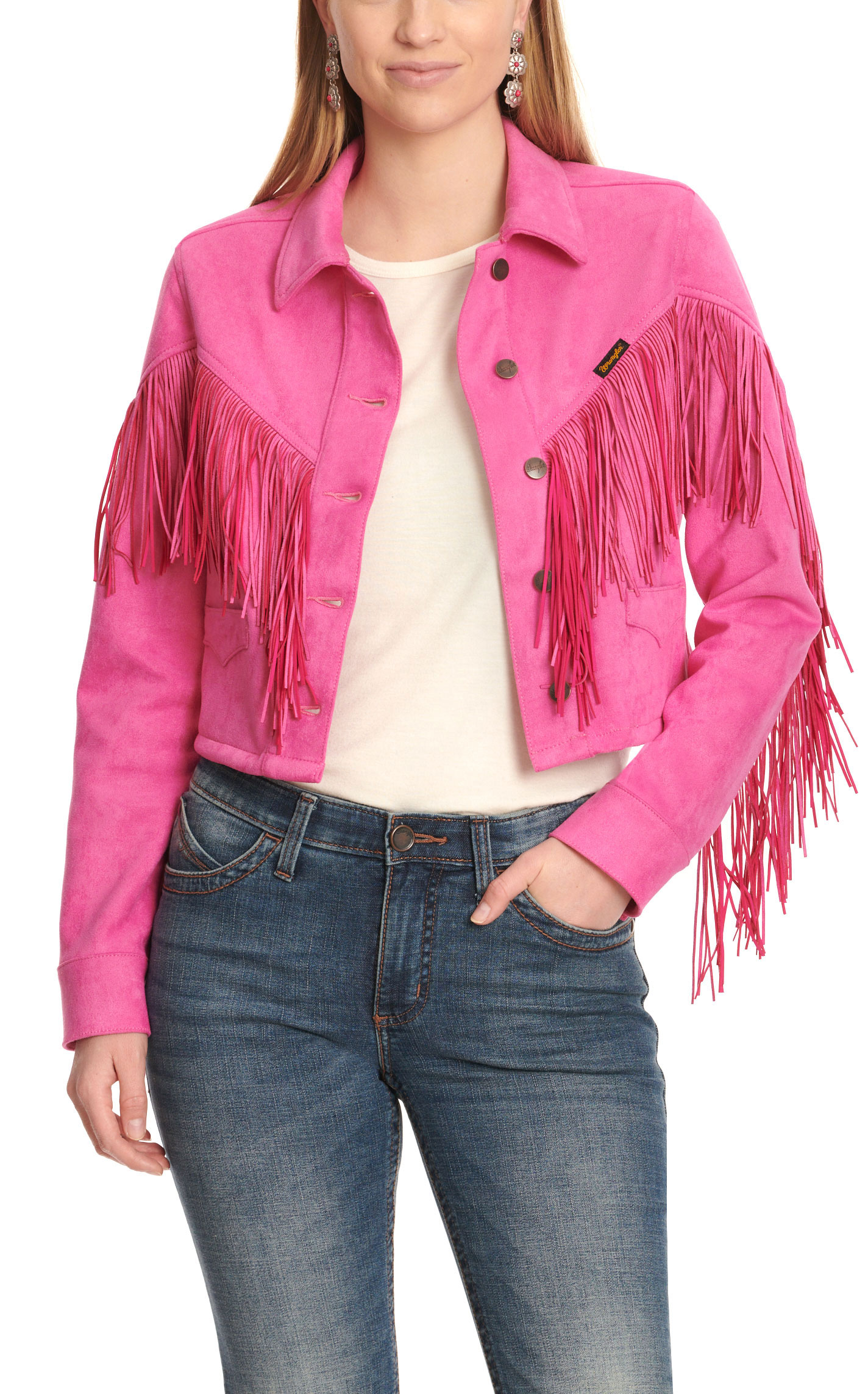 Wrangler Women's Hot Pink Faux Suede Cropped & Fringed Jacket - Image 1