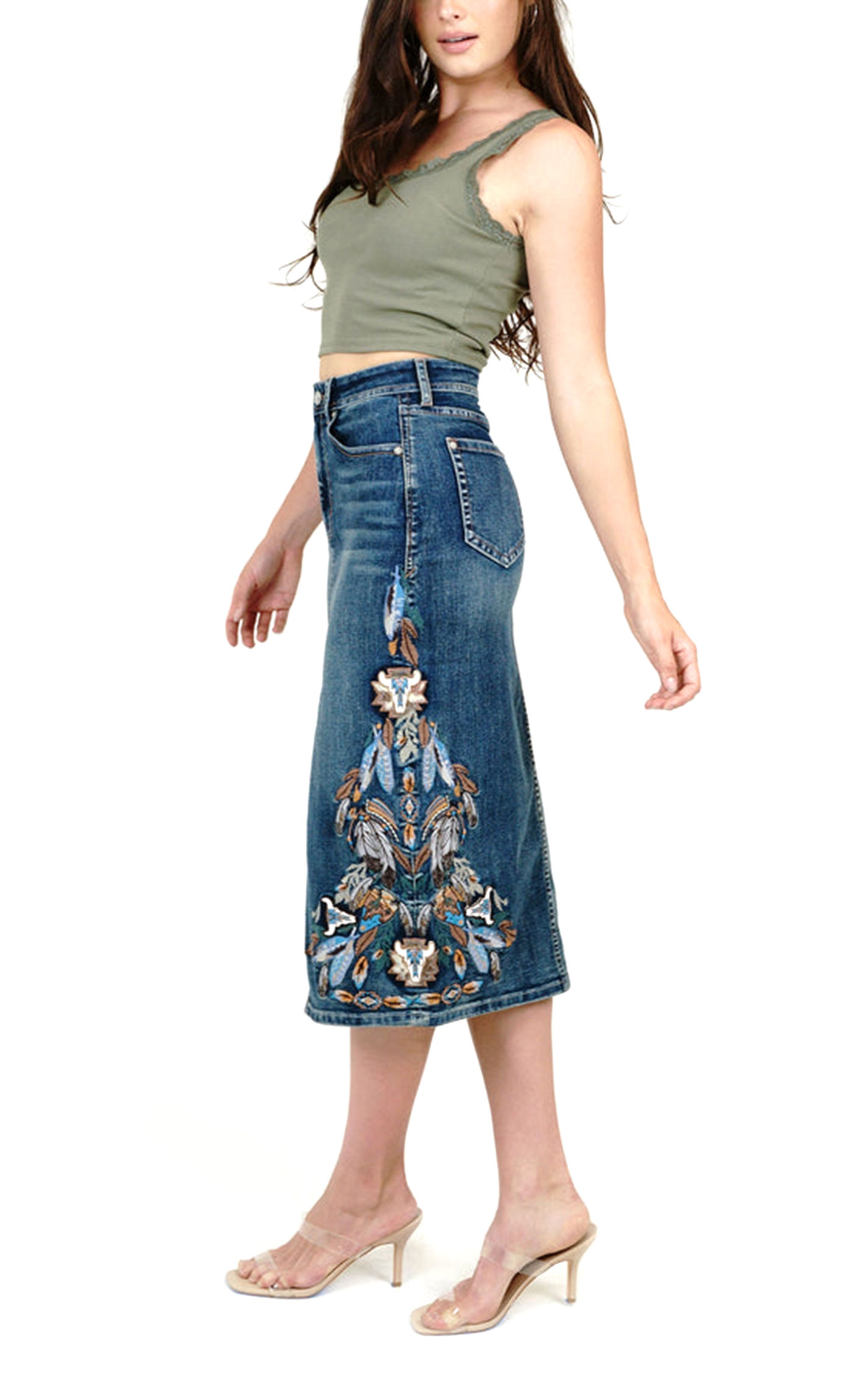 Grace in L.A. Denim Feather Embroidered Skirt - Image 1