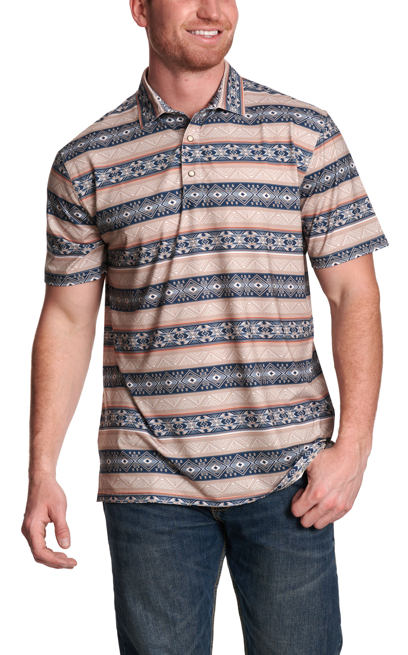 Rafter C Men’s May Navy & Tan Aztec Print Polo Shirt - Image 1
