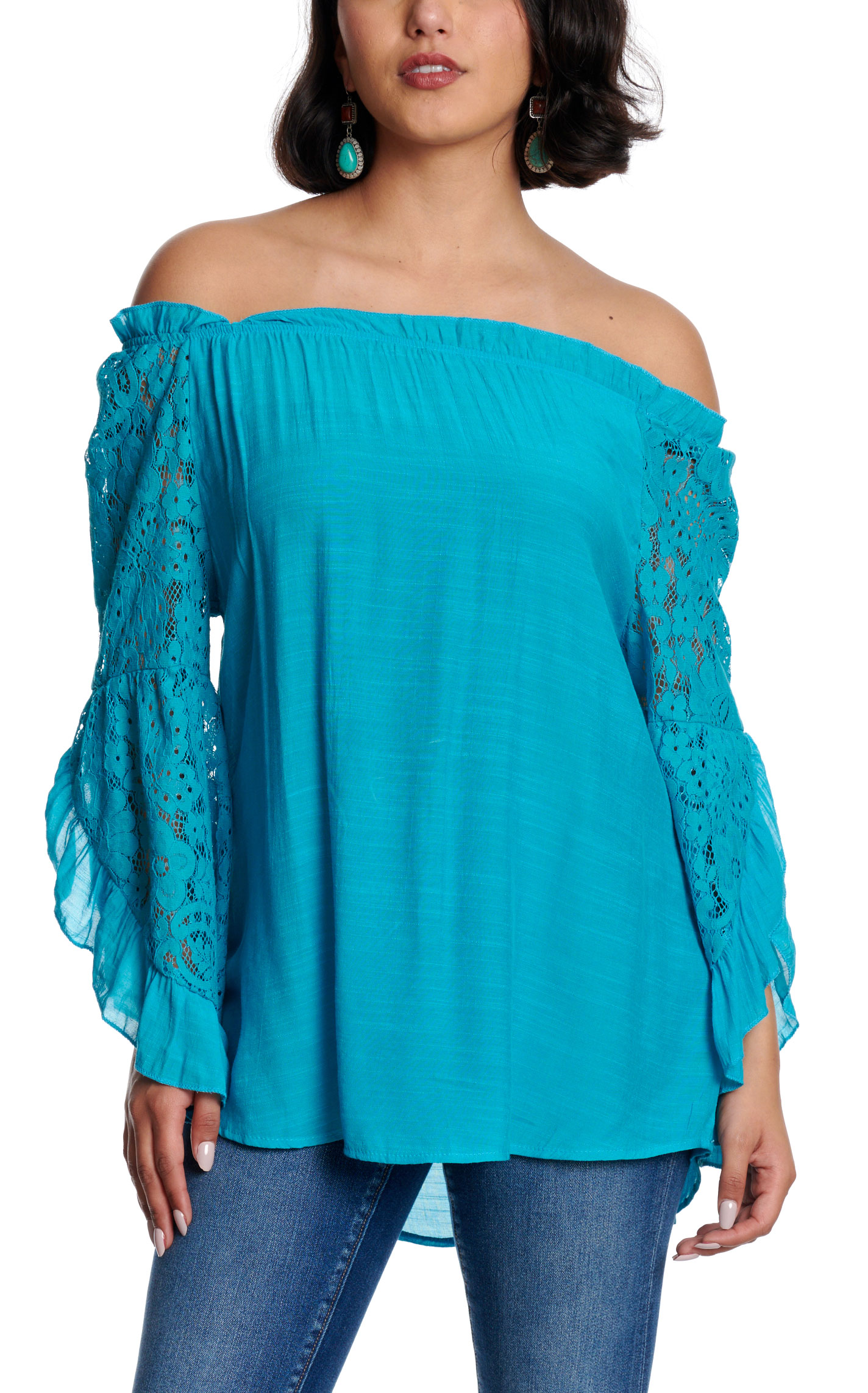 Fashion Express Women's Turquoise Off Shoulder Lace Sleeve Top - Image 1