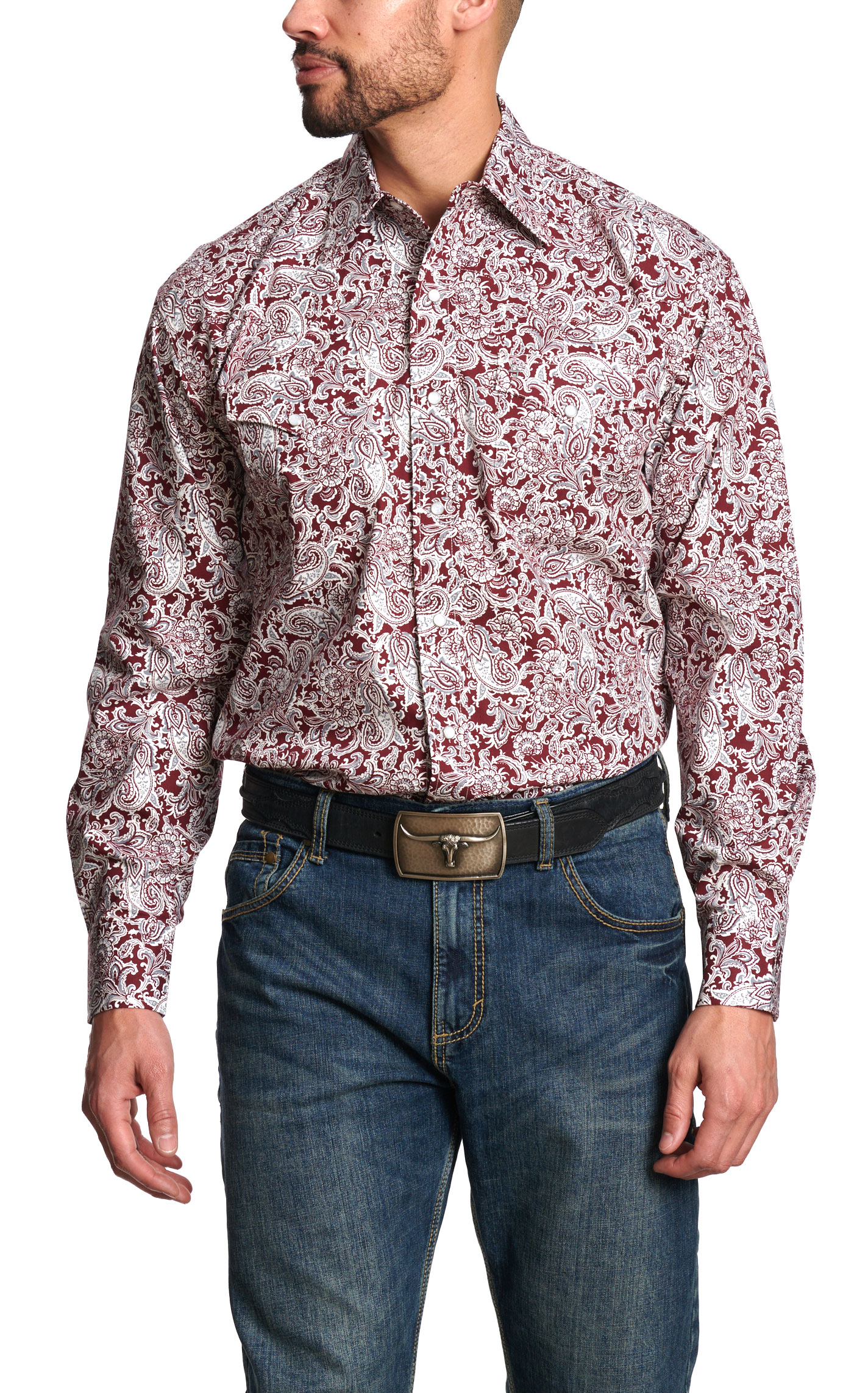 Stetson Men's Burgundy and White Paisley Western Shirt - Image 1