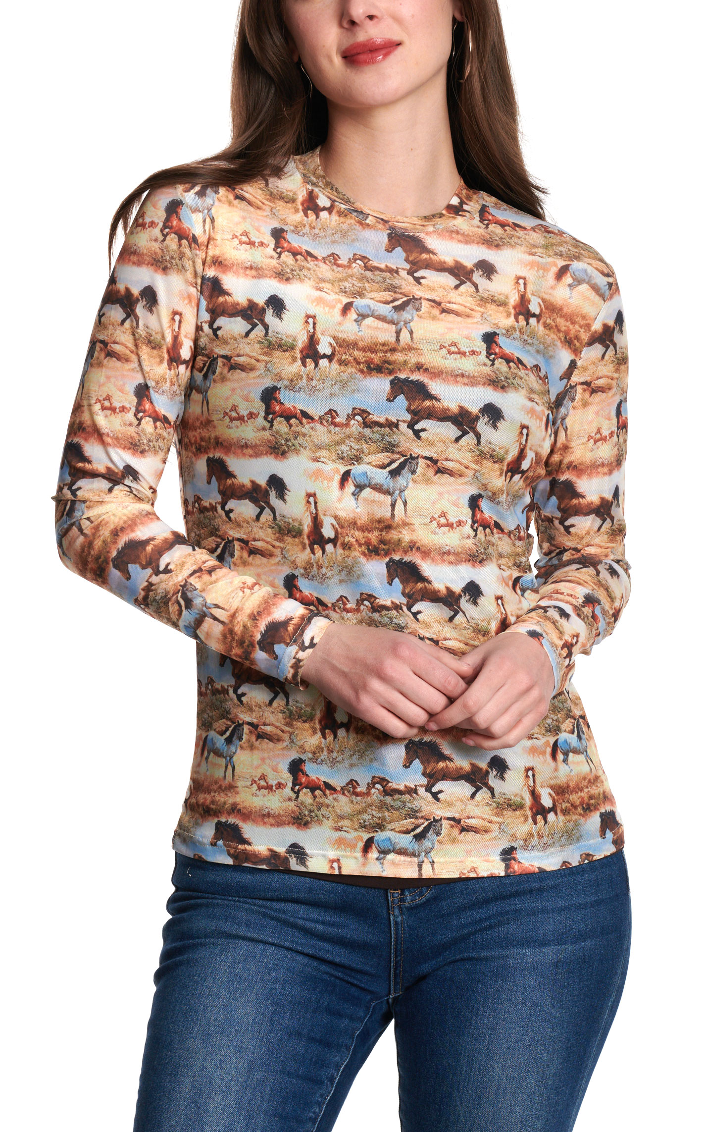 Merigold Kiss Women's Cream Multicolor Wild Horse Print Mesh Shirt - Plus Sizes - Image 1