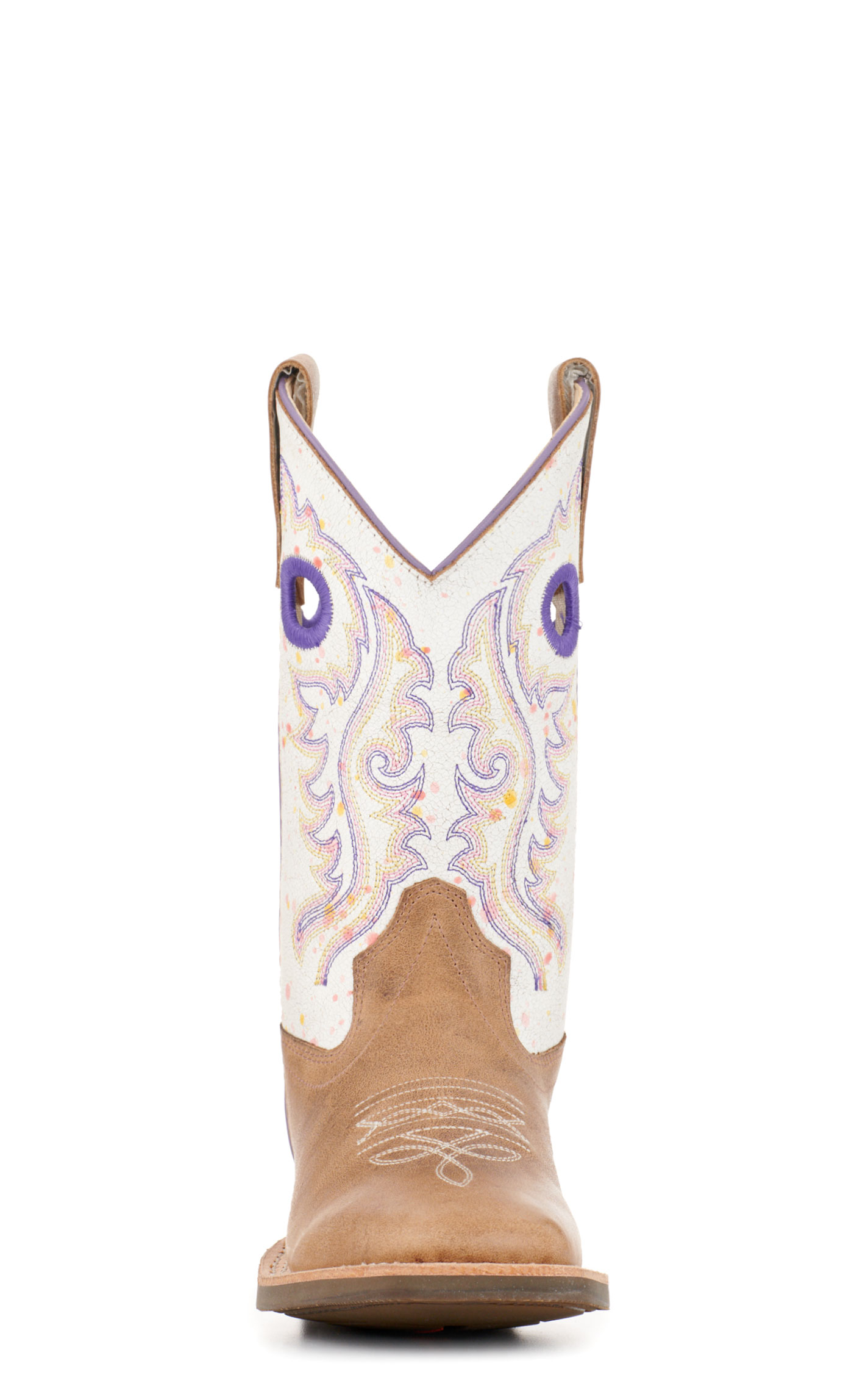 Old West Youth Light Brown and Rainbow Crackle Wide Square Toe Cowboy Boots - Image 1