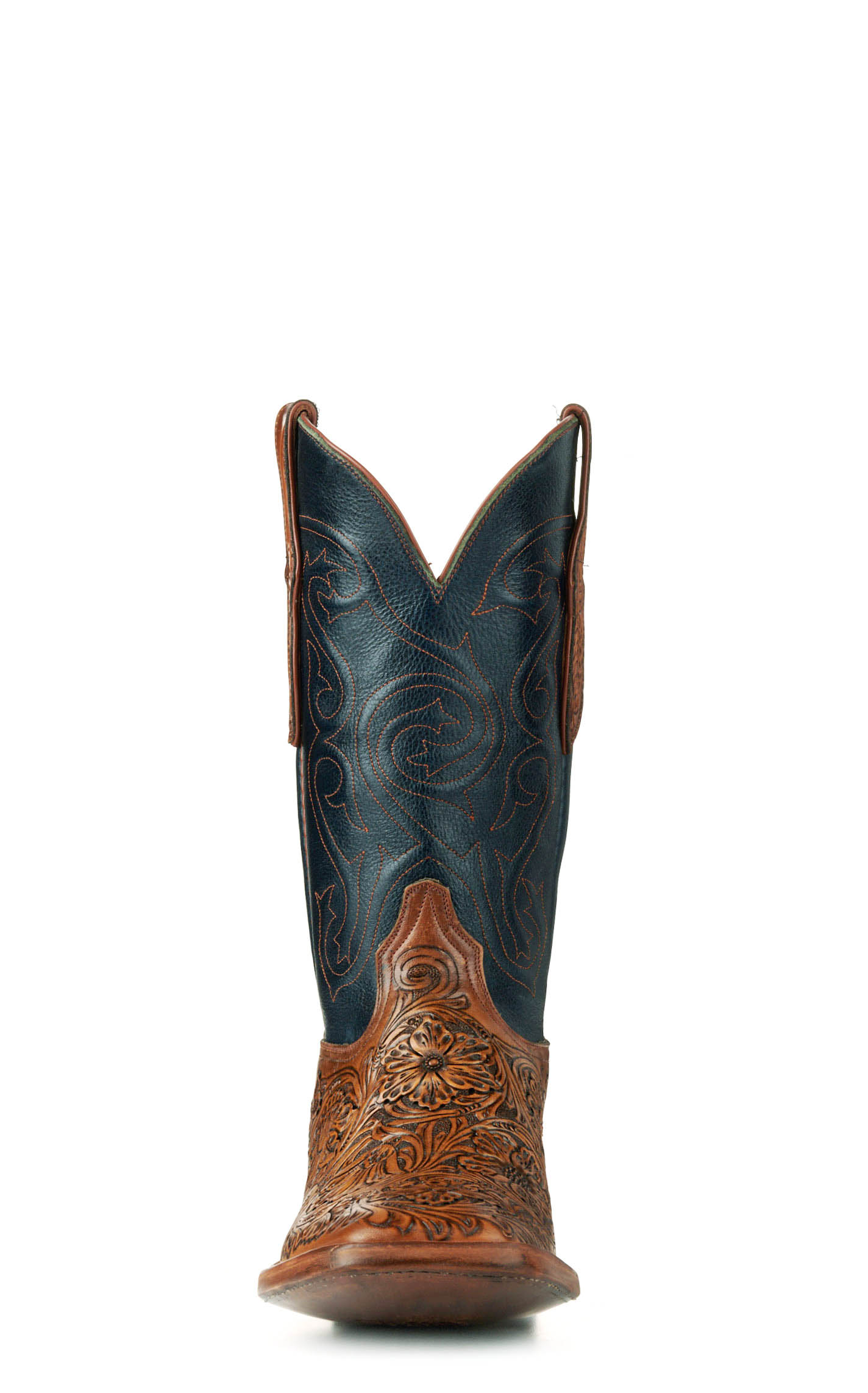 Black Jack Men's Mahogany Tan Hand Tooled and Navy Wide Square Toe Cowboy Boots - Image 1