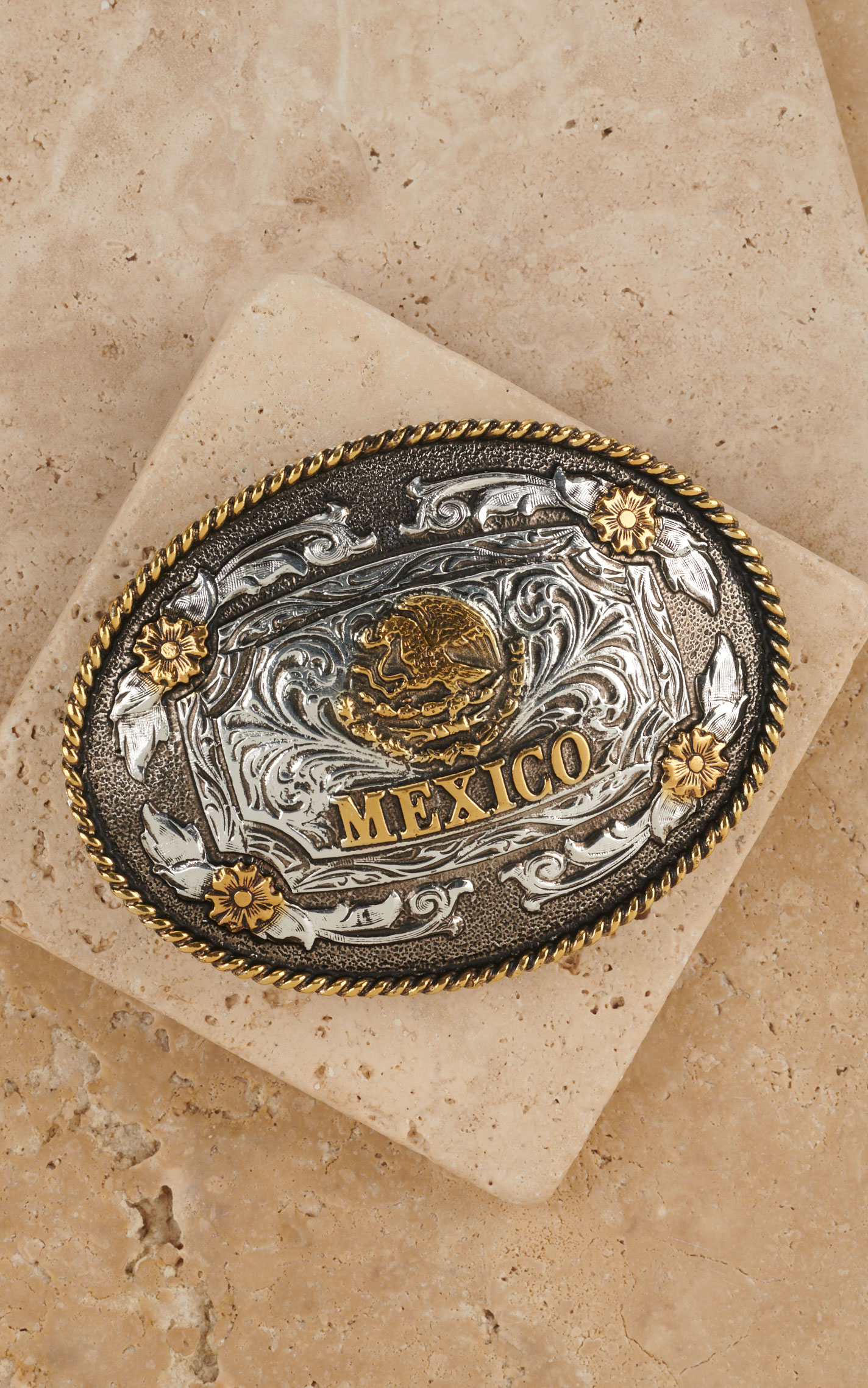 AndWest Oval Silver with Gold Mexico Eagle Belt Buckle - Image 1