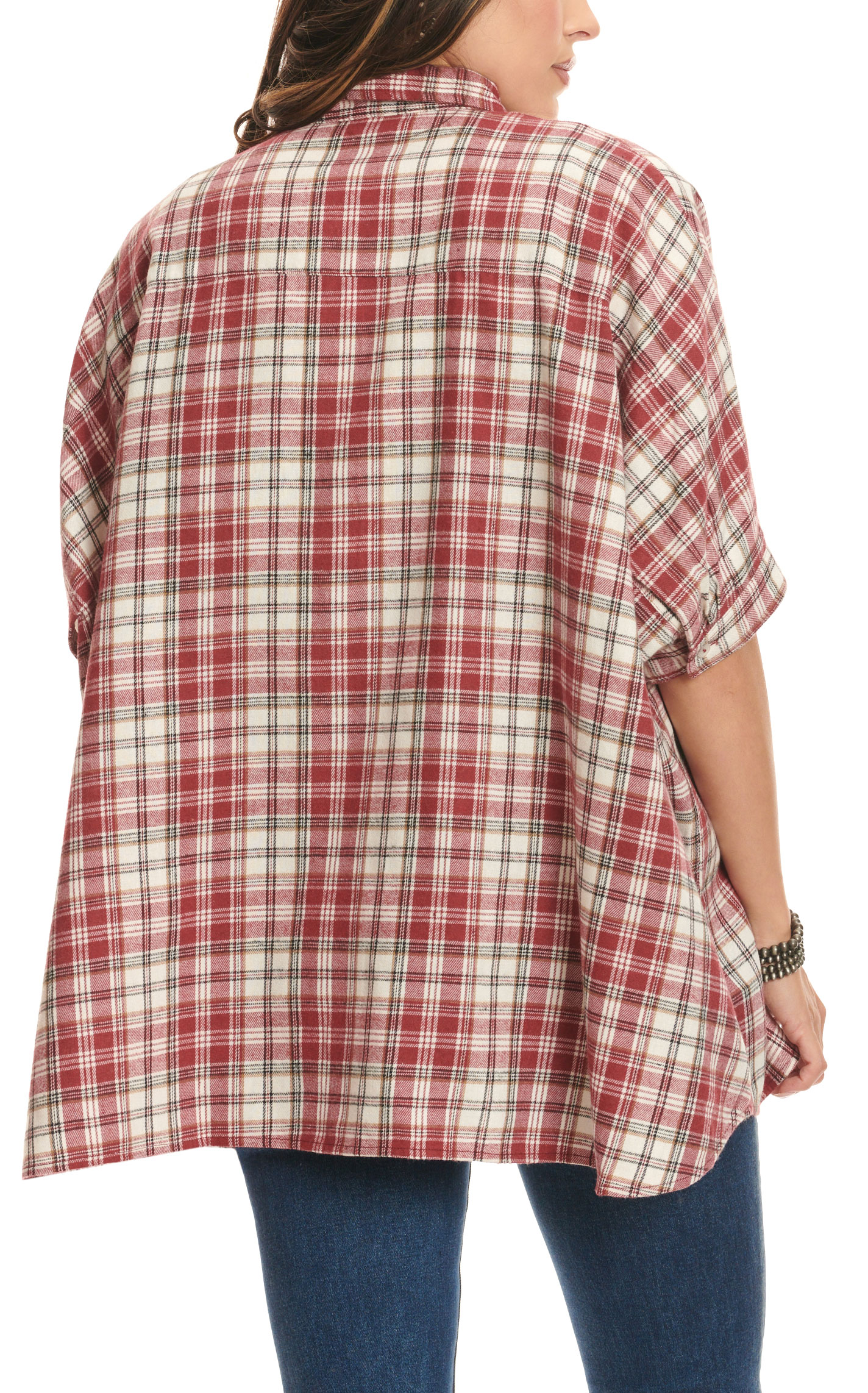 First Love Women's Burgundy & Cream Plaid Short Sleeve Top - Image 1