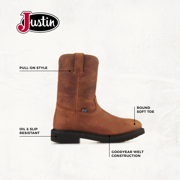 Justin Men's Round Up Aged Brown Soft Round Toe Work Boots - Image 1