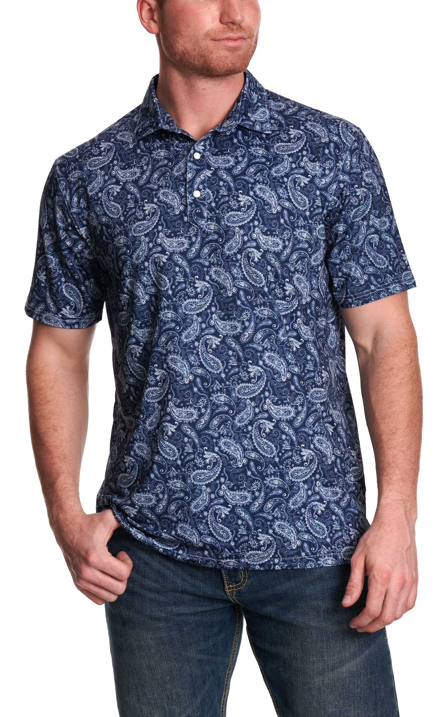 Rafter C Men’s May Navy Paisley Print Polo Shirt - Image 1