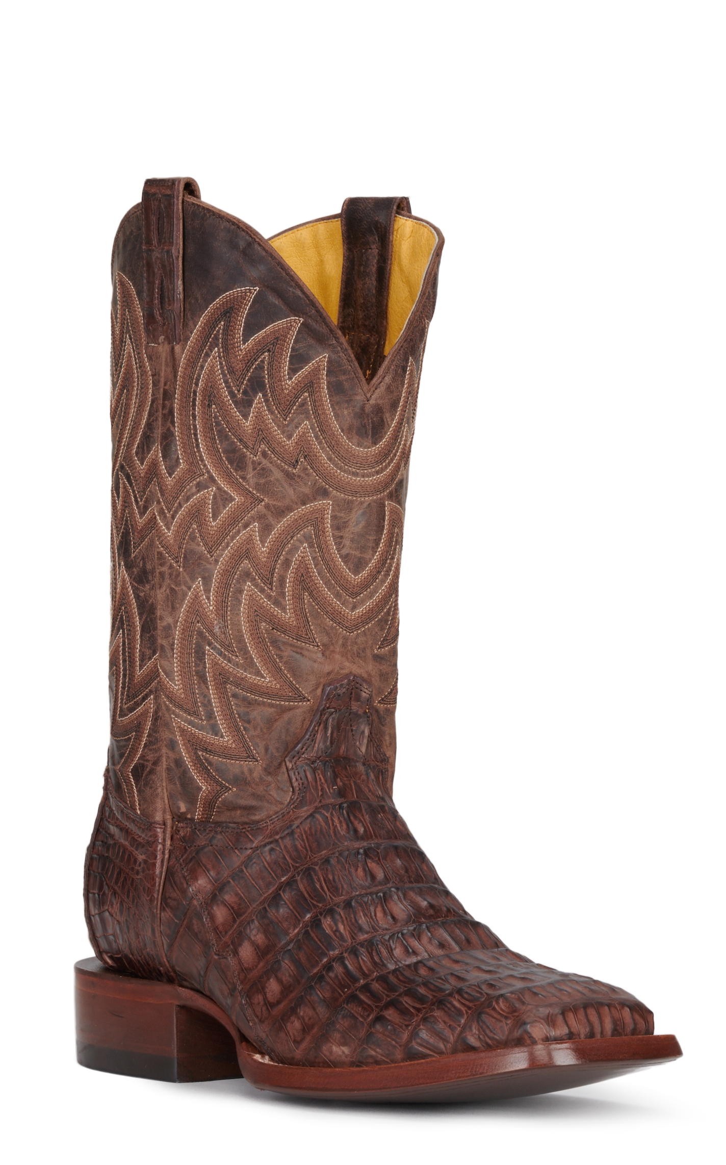 Cavender's Men's Chocolate and Cigar Reverse Caiman Tail Wide Square Toe Exotic Cowboy Boots - Image 1