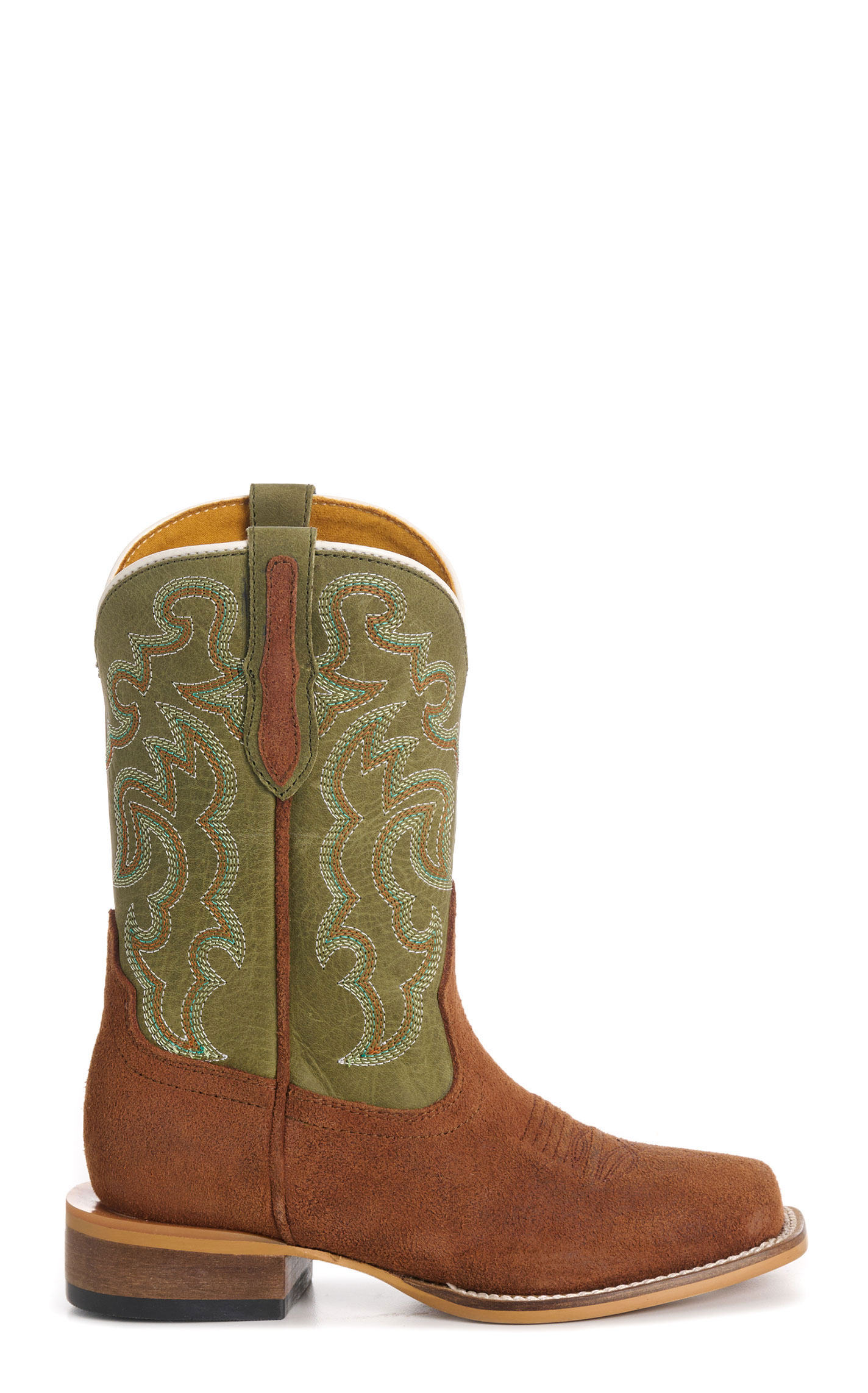 Cavender’s Youth Olive Green & Brown Roughout Suede Square Toe Cowboy Boots - Image 1