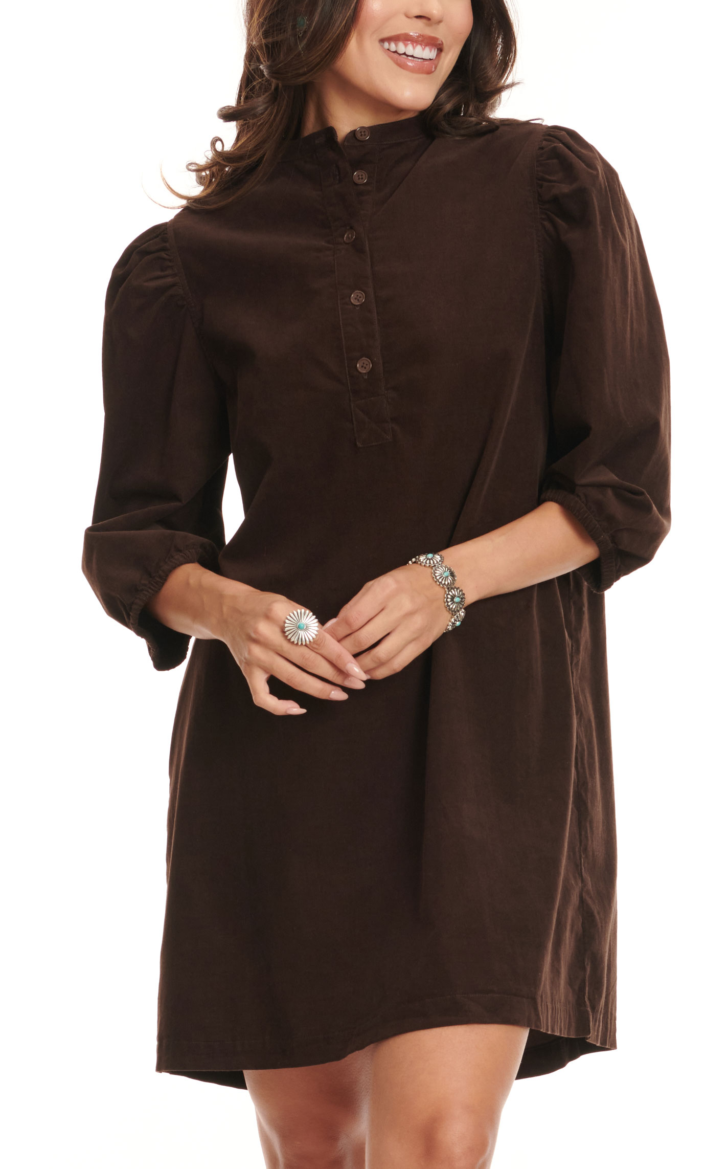 Rockin C Women's Dark Chocolate Brown Corduroy 3/4 Puff Sleeve Dress - Image 1