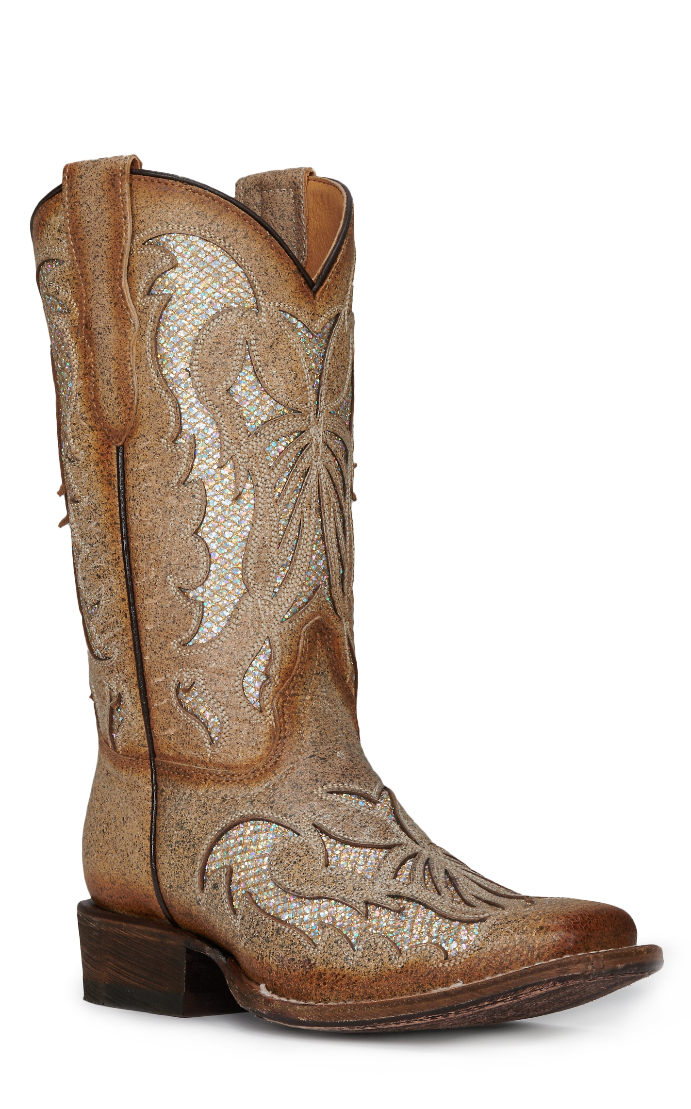 Corral Girl's Tan with Gold Glitter Inlay Square Toe Cowboy Boots - Image 1