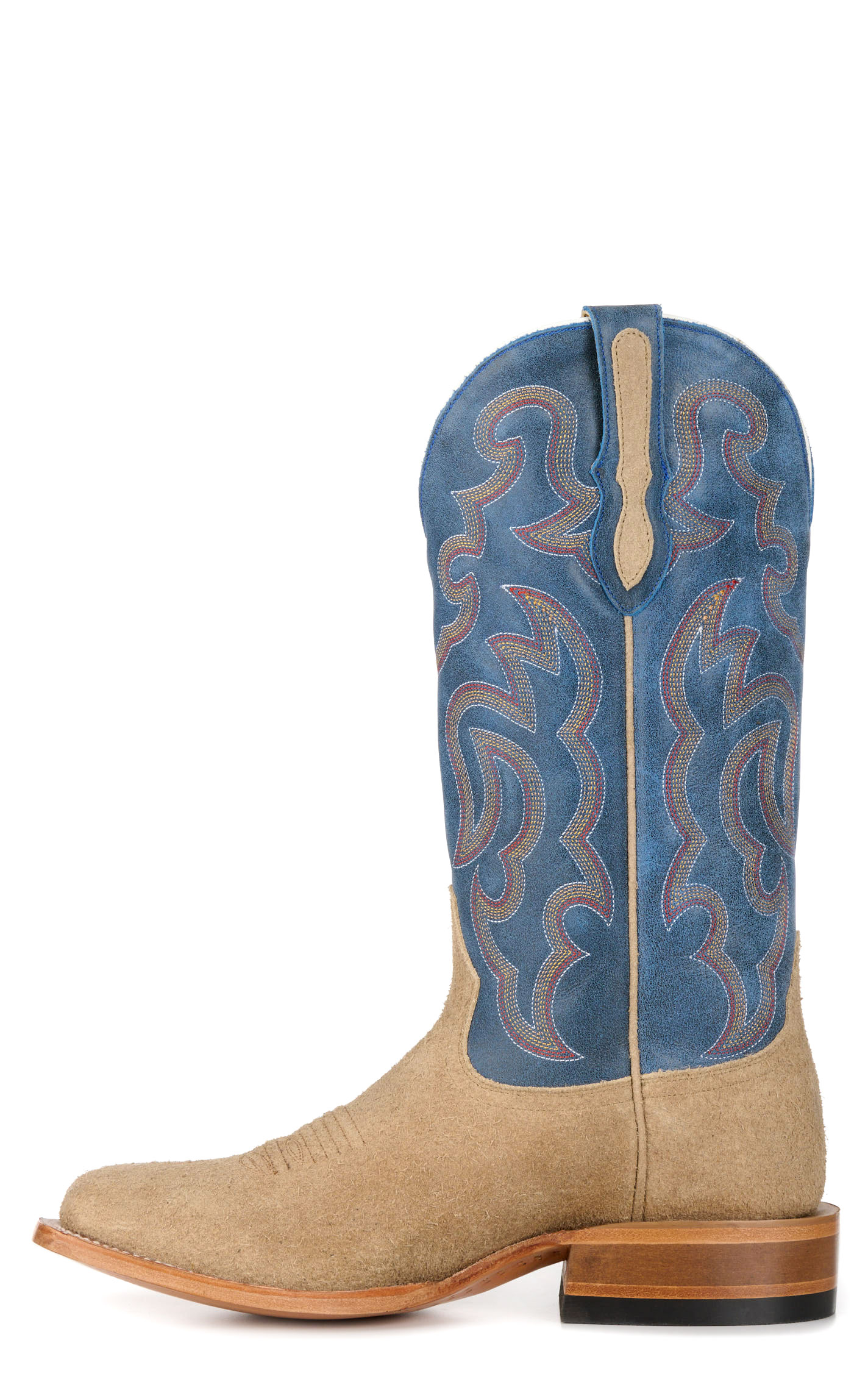 Cavender's Men's Tan Roughout and Blue Wide Square Toe Cowboy Boots - Image 1