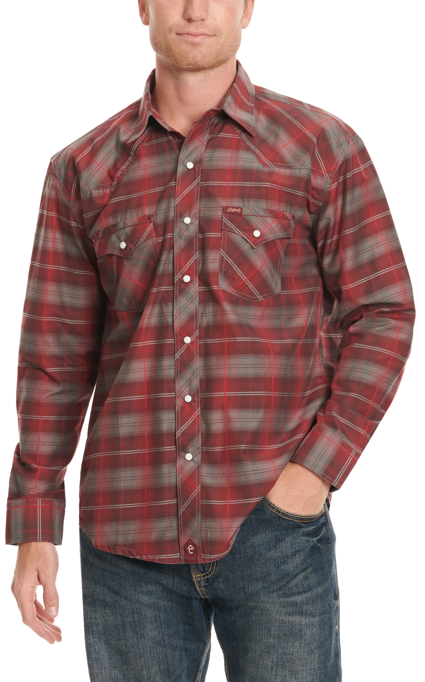 Rafter C Men's Red Dirt Collection Gray & Red Burgundy Plaid Western Shirt - Image 1
