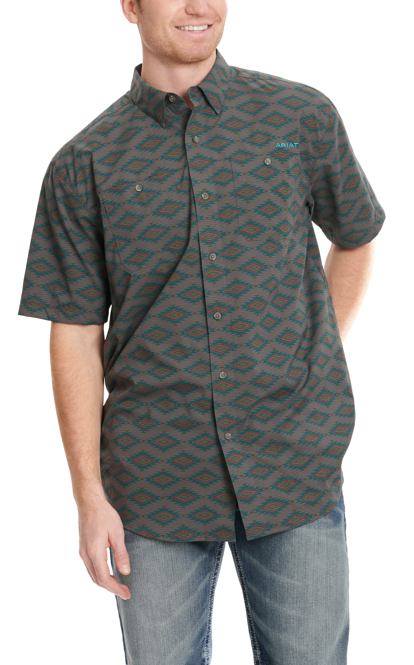 Ariat Men's 360 Airflow Charcoal & Aztec Print Short Sleeve Vented Shirt - Image 1