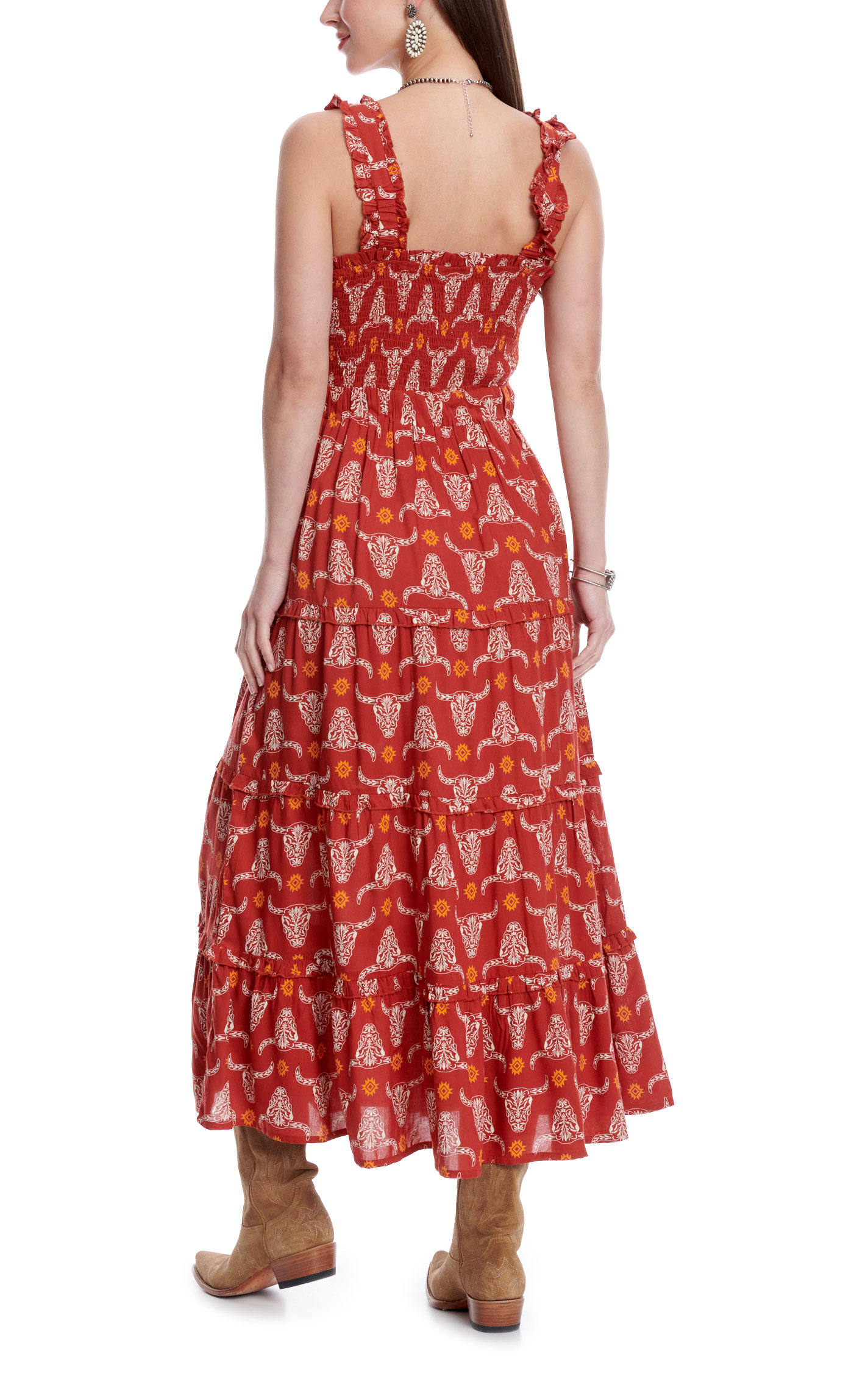 Cotton & Rye Women' s Dark Rust Floral Steer-Head Print Dress  - Image 1
