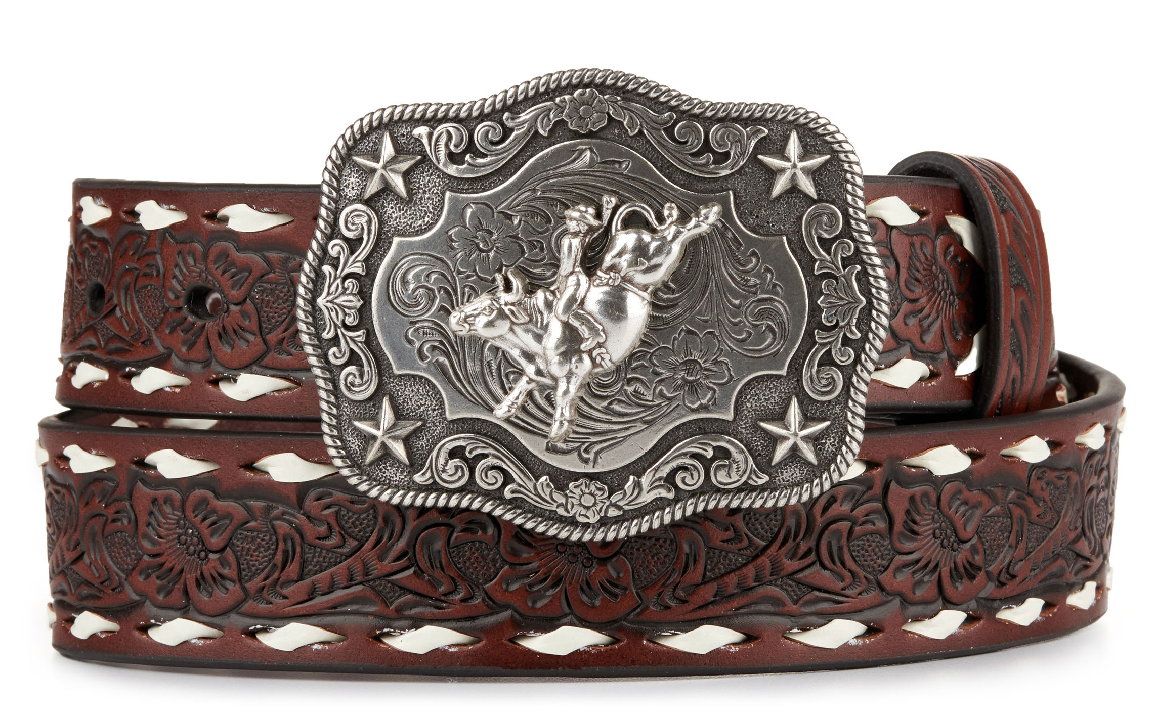 Embossed Children's Brown Floral Embossed with White Lace Western Belt - Image 1