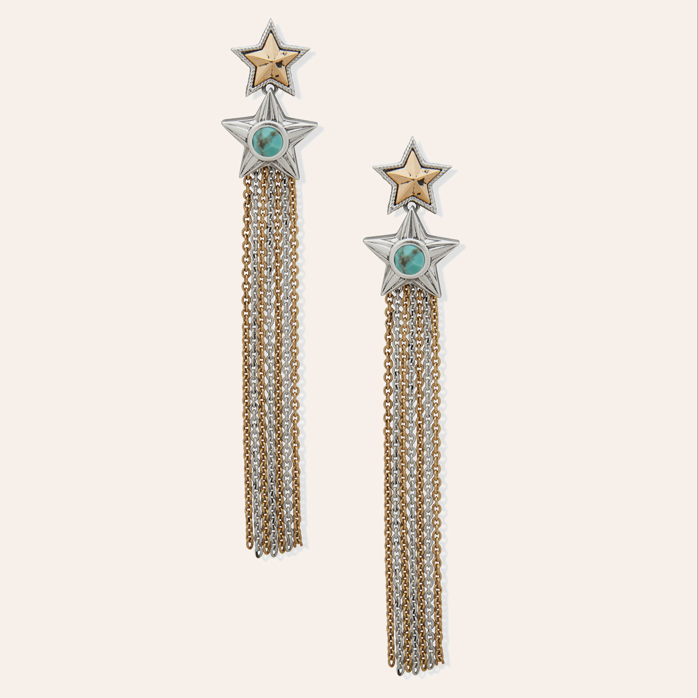 Lainey Wilson Silver Gold & Turquoise Star Fringe Earrings - Image 1