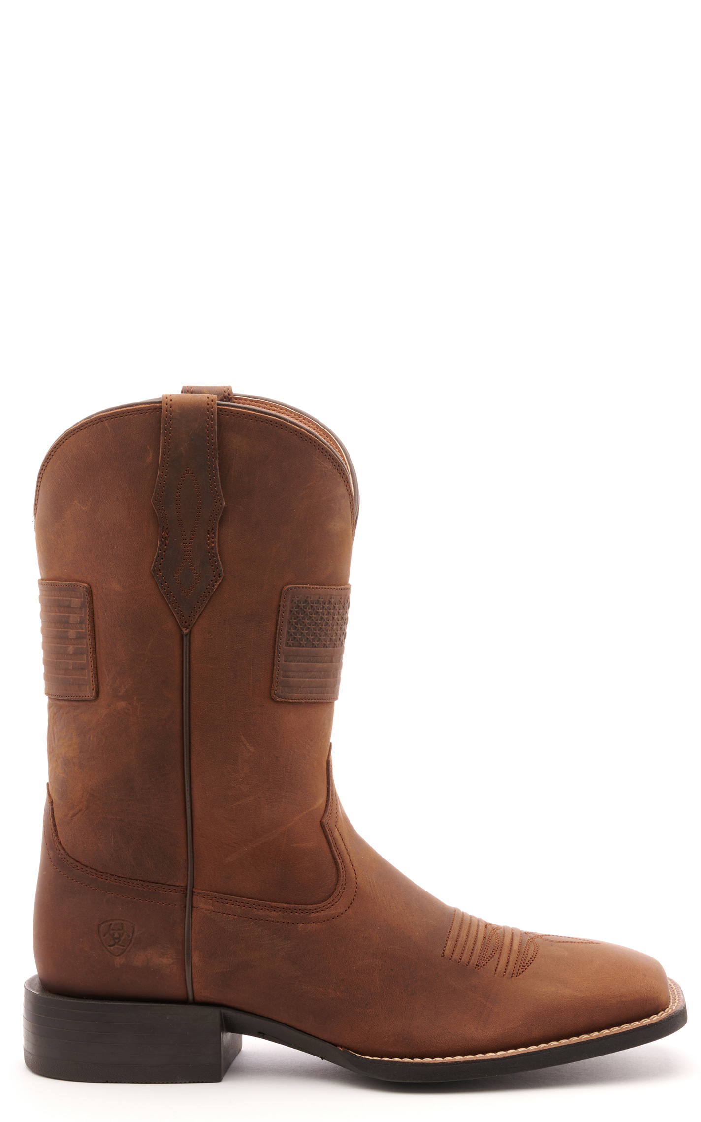 Ariat Men's Sport Patriot II Distressed Tan with Flag Patch Wide Square Toe Cowboy Boots - Image 1