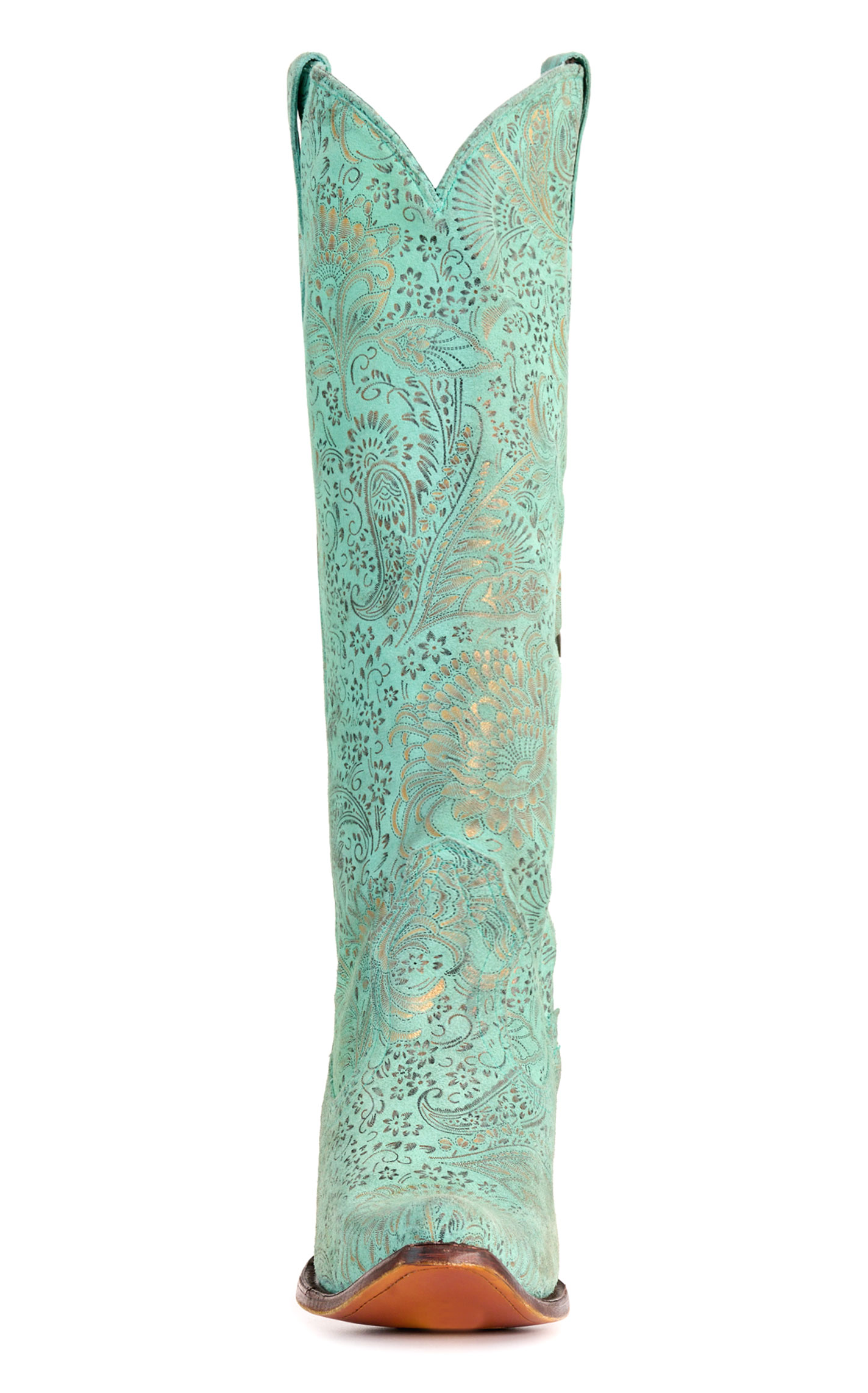 Corral Women's Turquoise with Gold Embossed Floral Print Snip Toe Cowboy Boots - Image 1