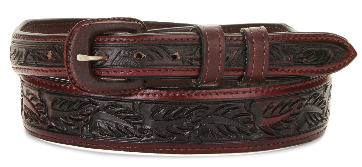 Vogt Men's Saddle Brown Over Under Leaf Tooled Tapered Western Belt - Image 1