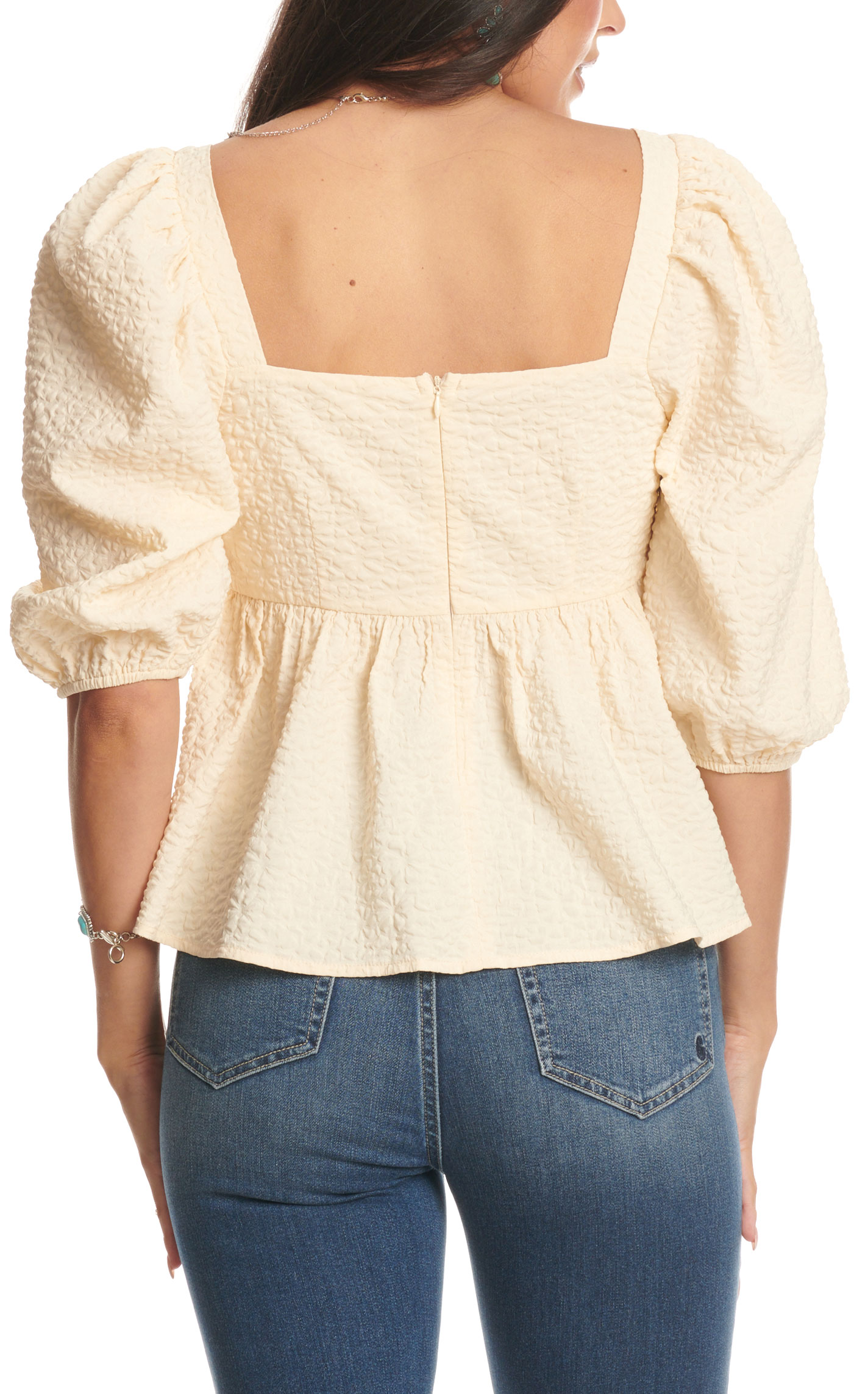 TCEC Women's Cream & Floral Textured Peplum Top - Image 1