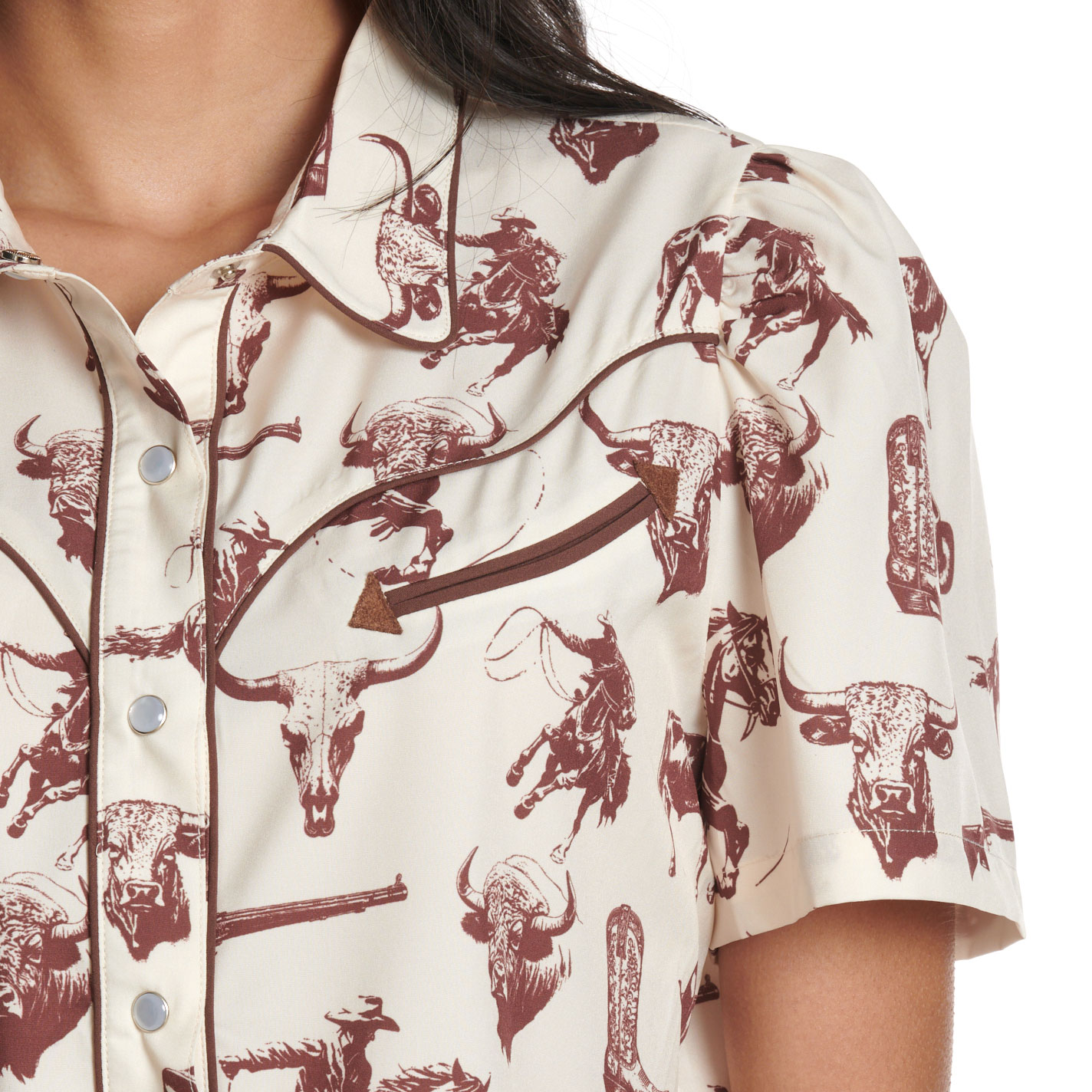 Rockin' C Women's Cream & Brown Rodeo Print Western Shirt - Image 1