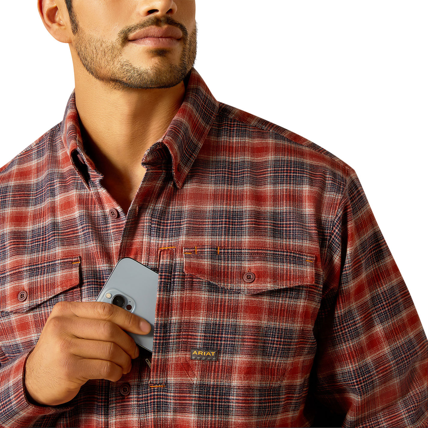 Ariat Men's Rebar Navy & Cranberry Plaid DuraStretch Flannel Work Shirt - Image 1