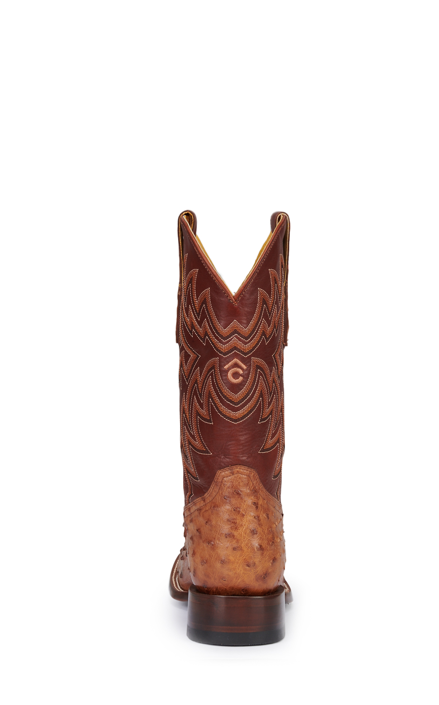 Cavender's Men's Orange and Cognac Full Quill Ostrich Rafter C Wide Square Toe Exotic Cowboy Boots - Image 1