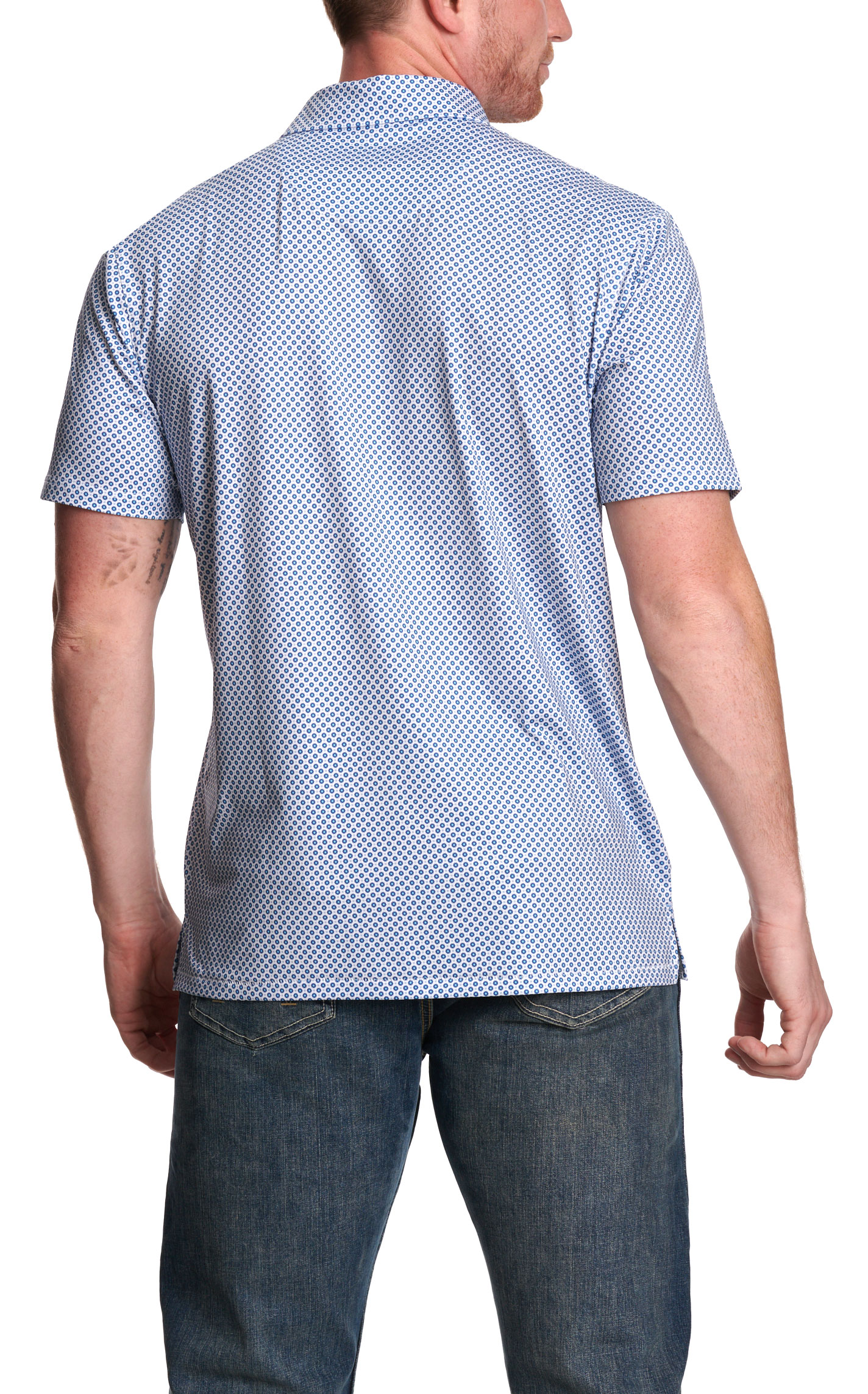 Rafter C Men’s White & Blue Dot Geo Print Short Sleeve Polo Shirt - Image 1