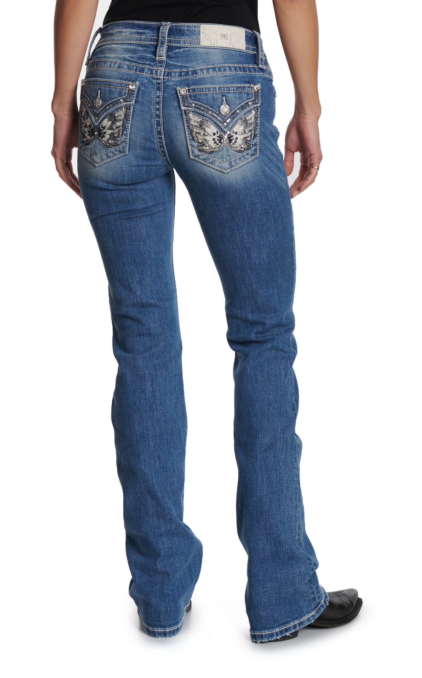 Miss Me Women’s Medium Wash Wing Pocket 34” Bootcut Jeans - Image 1