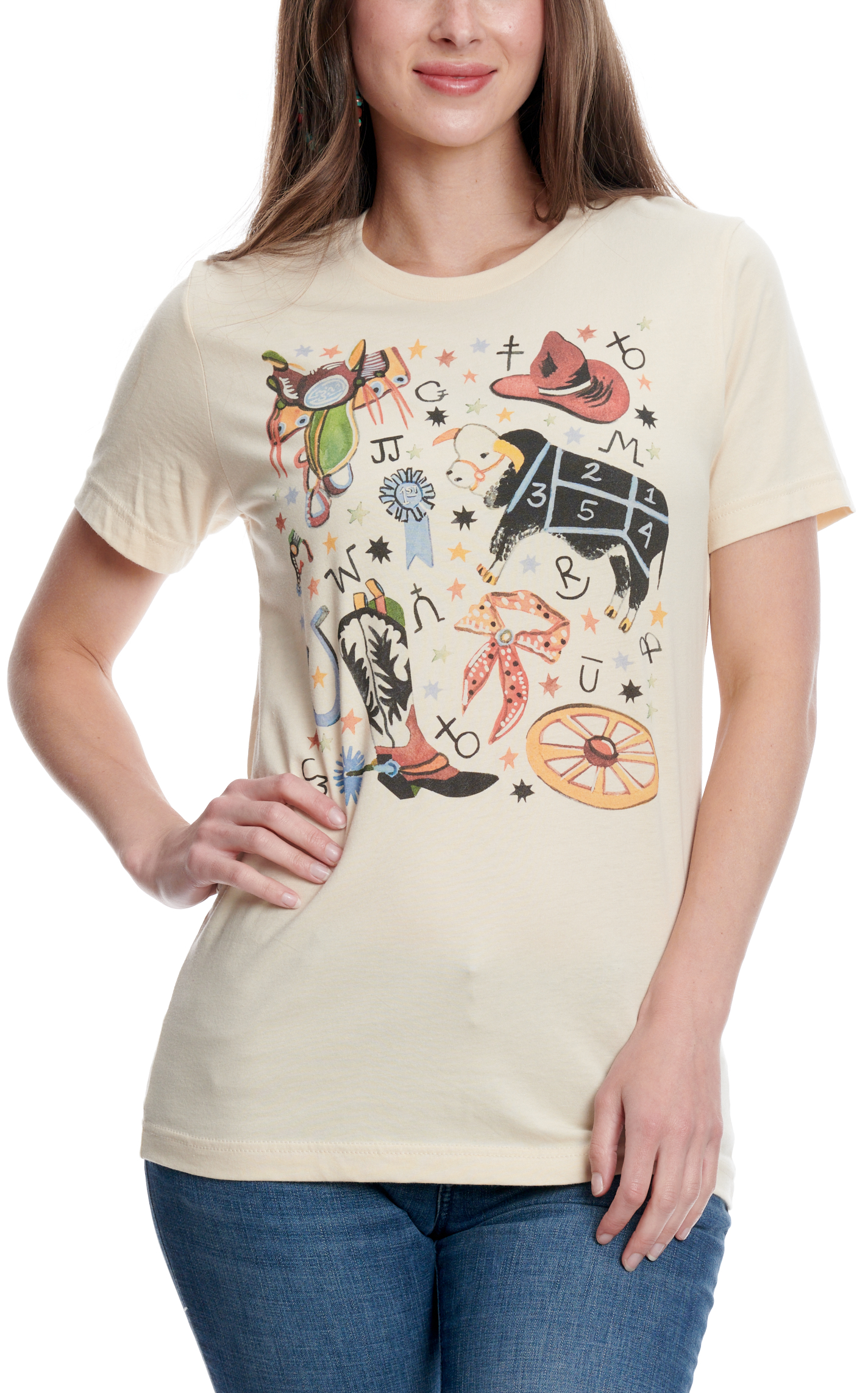 XOXO Art & Co. Women's Cream & Western 1950's Brand Print T-Shirt - Image 1