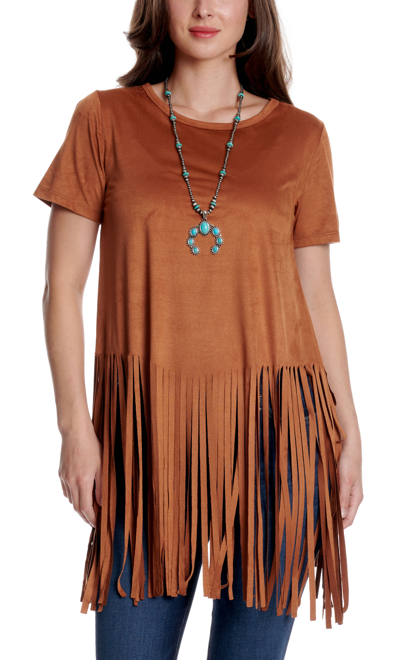 Cowgirl Hardware Women's Mocha Faux Suede Fringe Bottom Top - Image 1